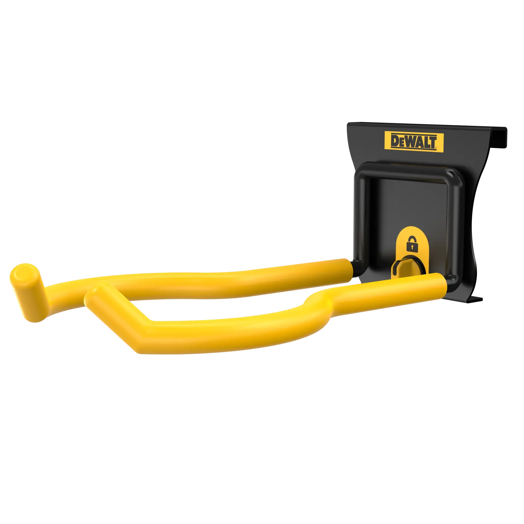 A DEWALT-branded wall mount with yellow-coated metal arms, designed for securely holding tools or equipment.