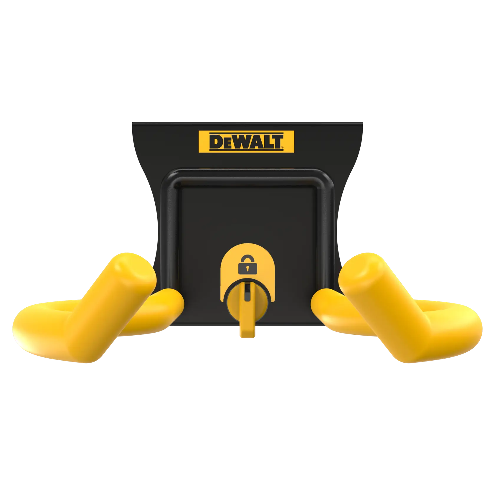Front view of a DEWALT branded black and yellow metal wall mount designed for secure storage, showing two yellow loops and a lock symbol in the center.