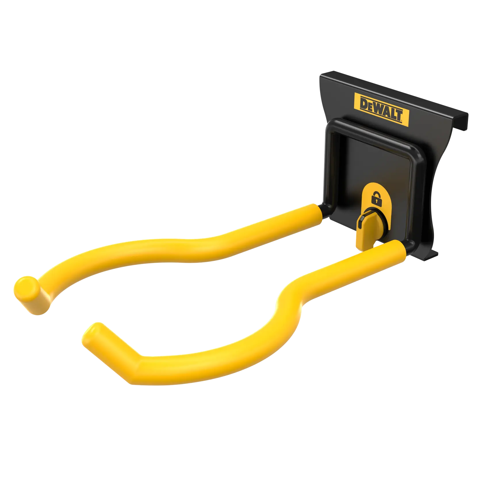 A DEWALT branded wall-mounted yellow and black tool hook with a locking mechanism, designed for organizing and storing tools securely.