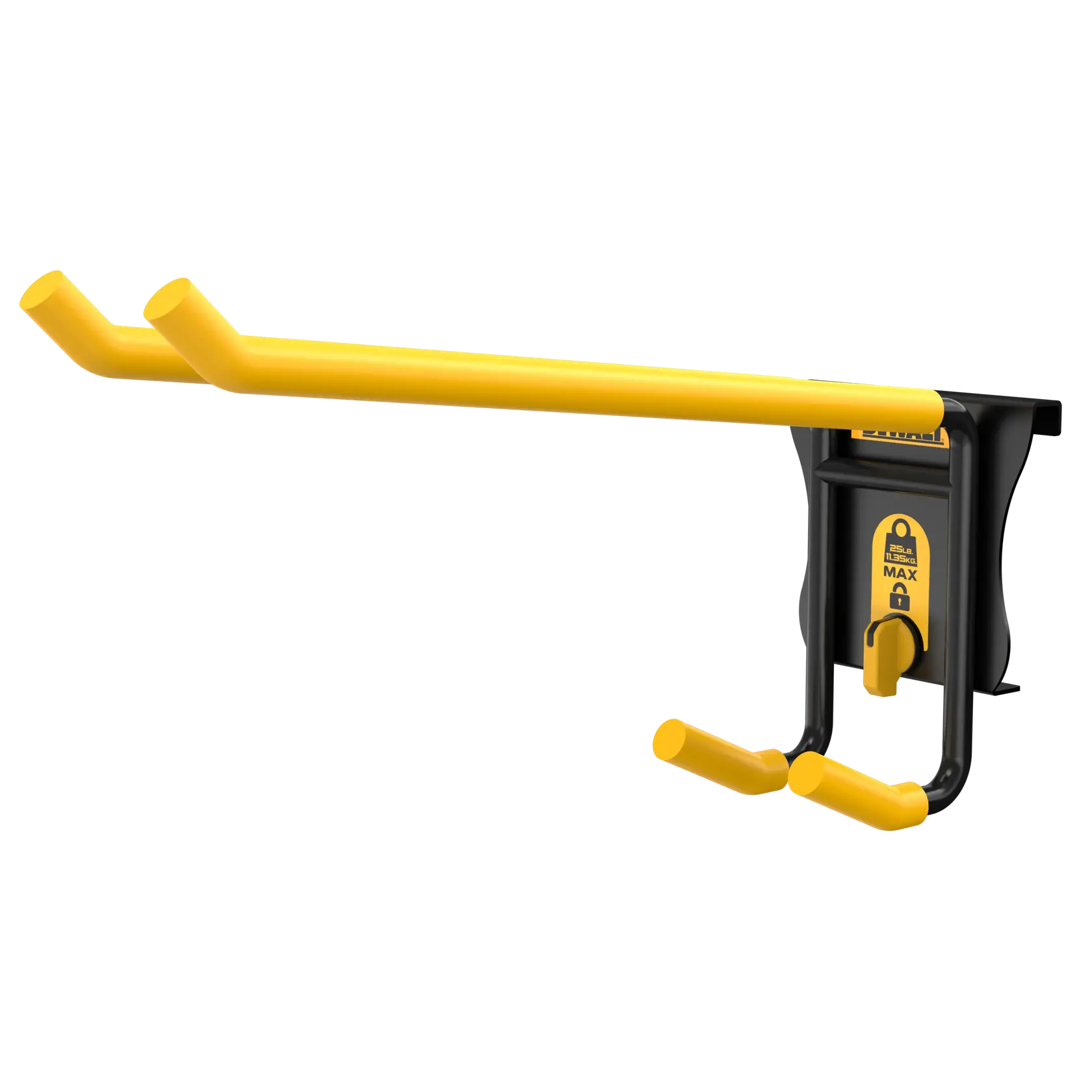 A DEWALT wall-mounted tool holder with two yellow, angled arms and a black base designed for secure storage and organization of tools.