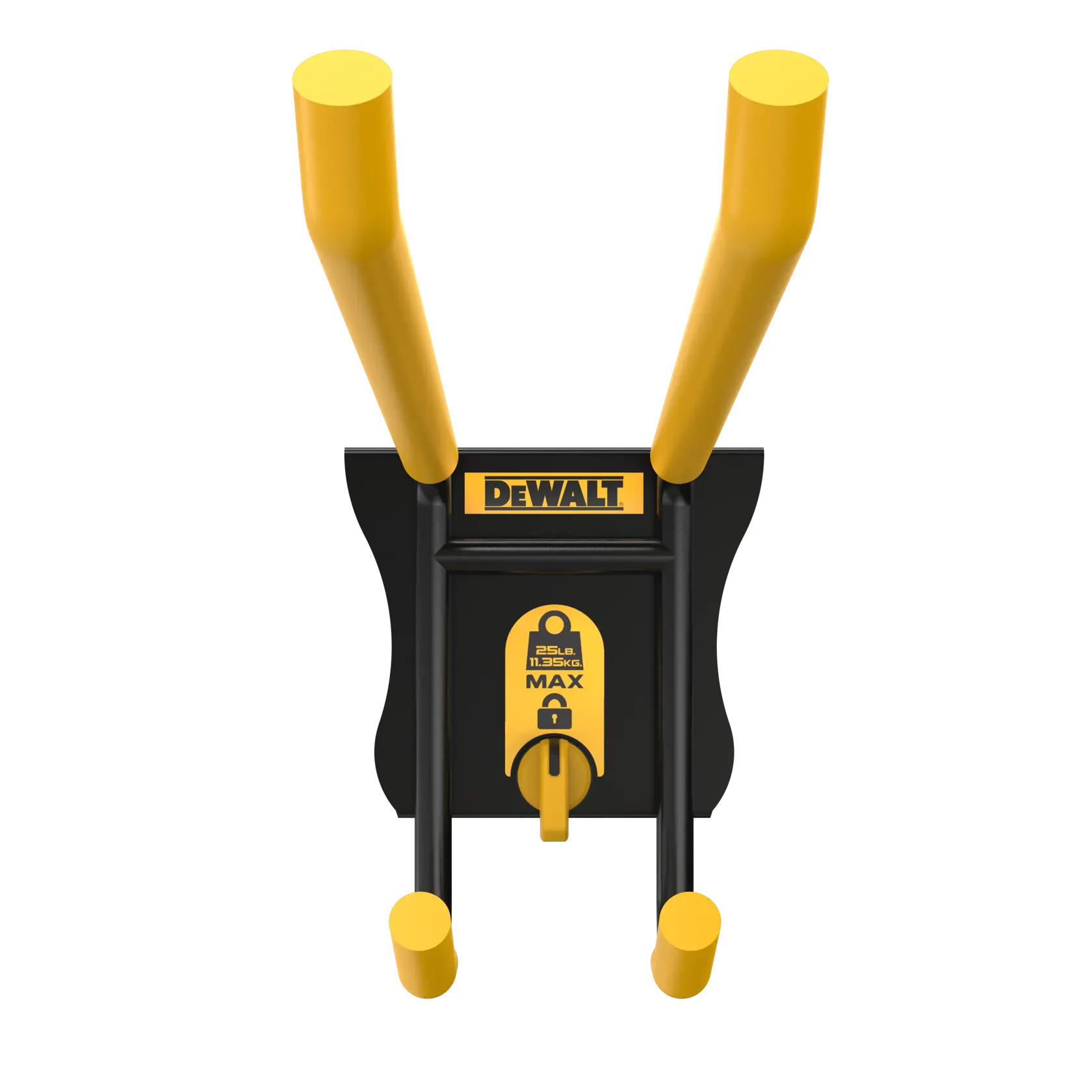 Top view of a DEWALT wall-mounted camera bracket with two yellow arms and black base, designed for photography equipment. The bracket features a DEWALT logo and capacity indicator of 25 lbs (11.35 kg), with a locking mechanism.