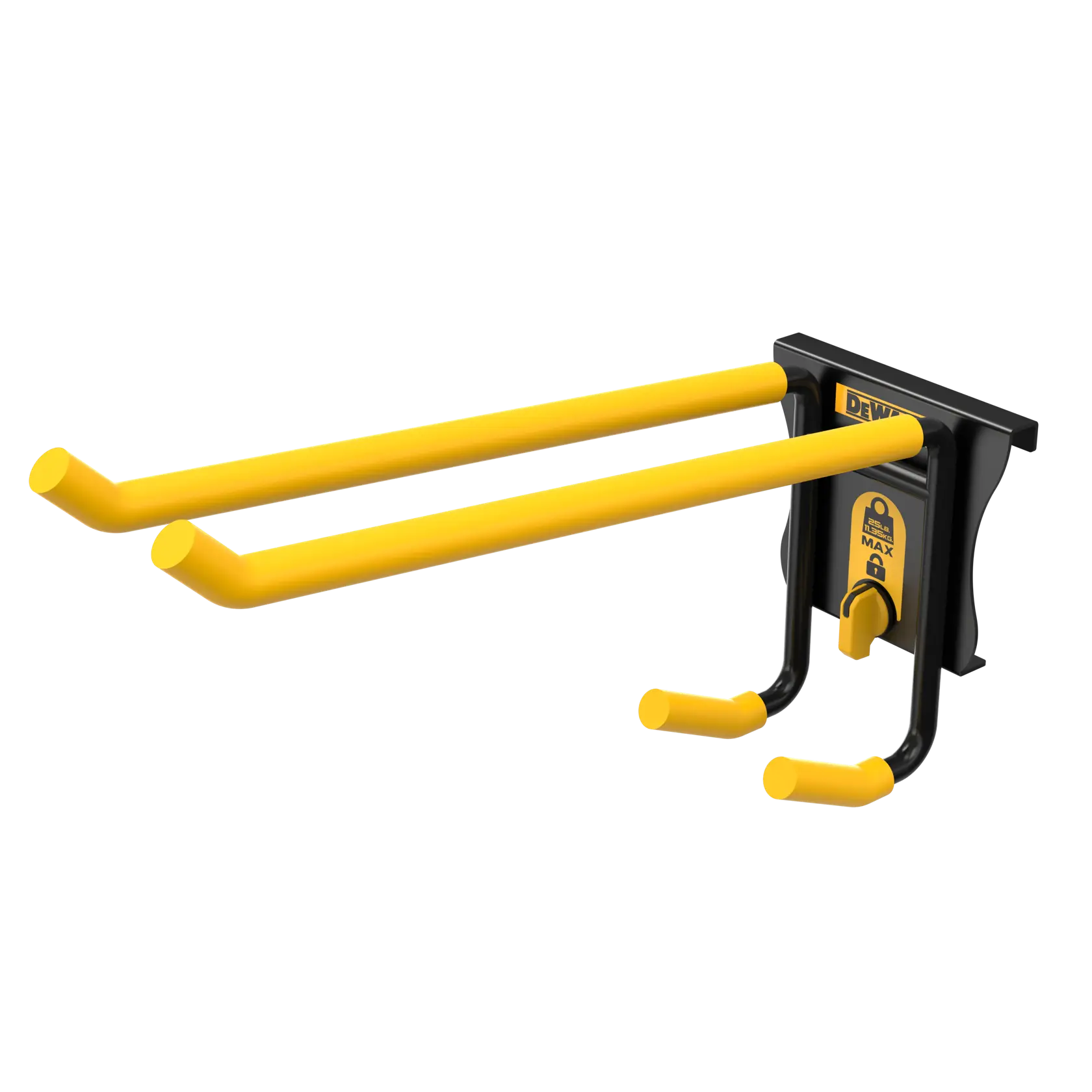 A DEWALT wall-mounted storage hook with two extended yellow arms and black base, designed for holding tools or equipment.
