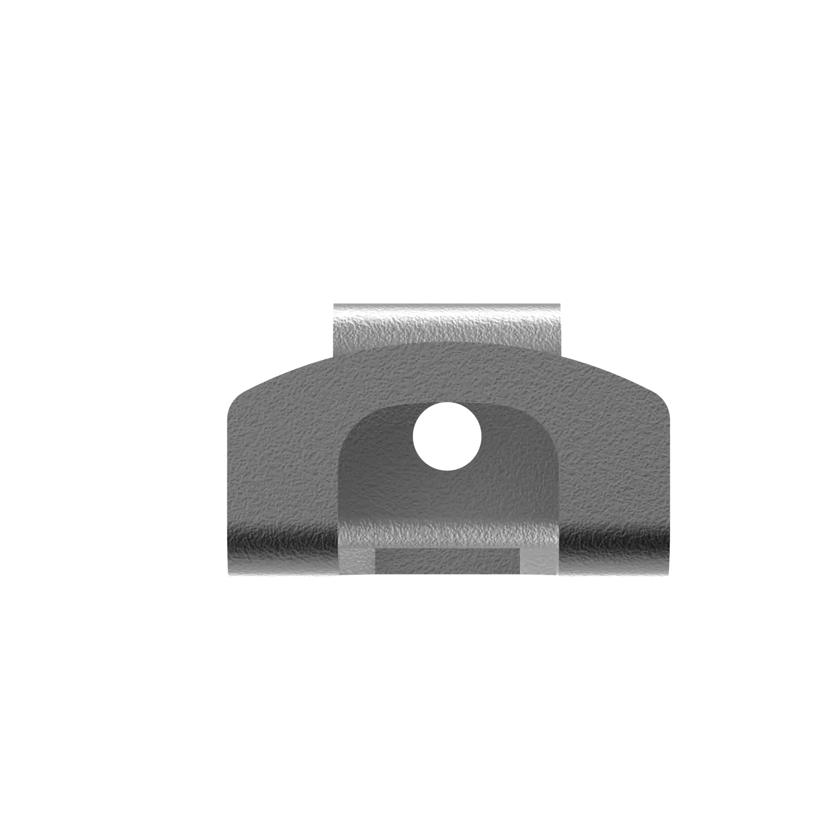 Front view of a small, gray metal mounting bracket with a central hole, used for securing or attaching objects.