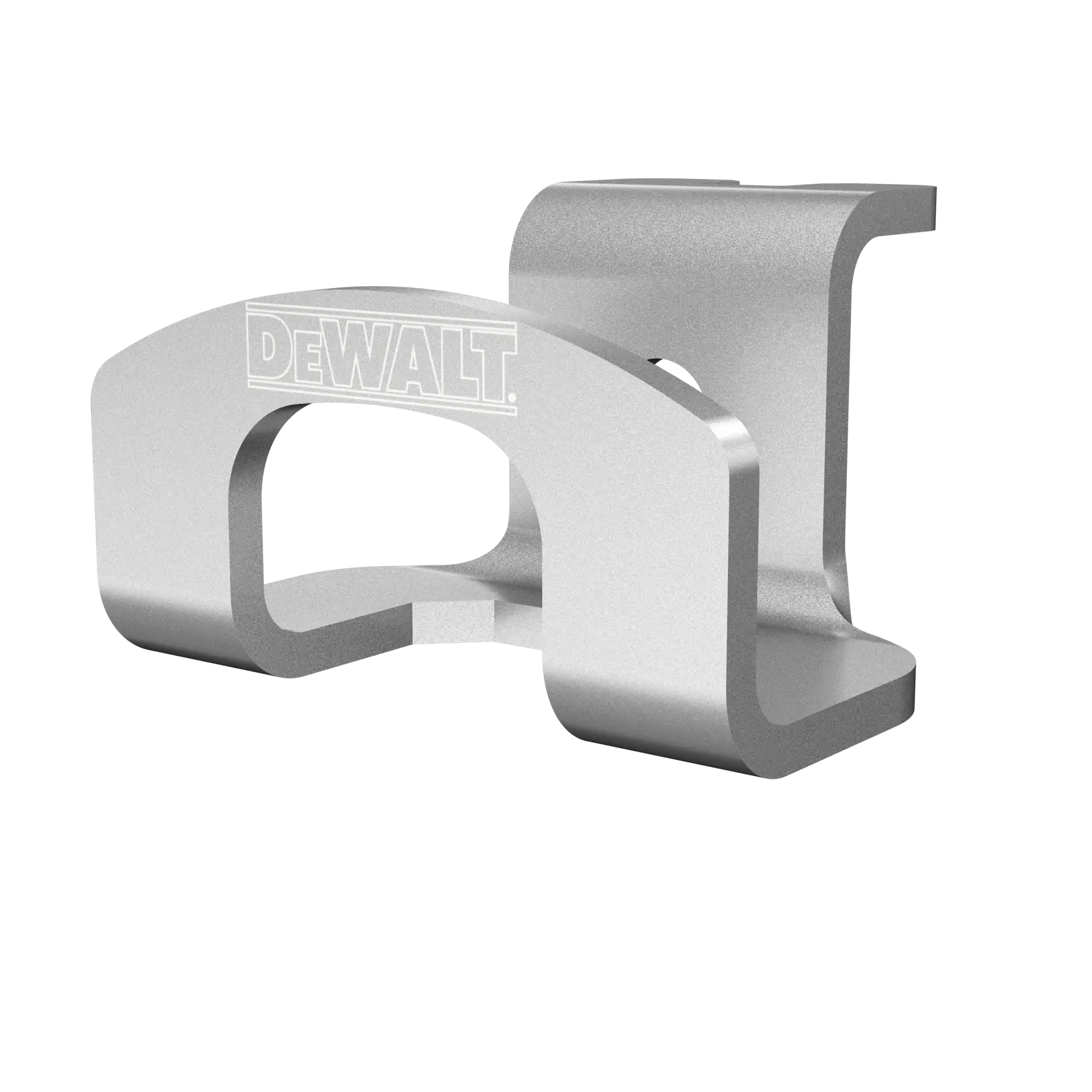 A silver metal photography accessory with the DEWALT logo, designed for mounting or attaching equipment.