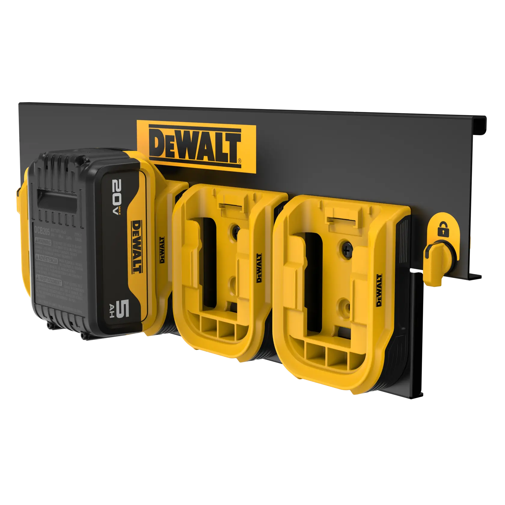 A DEWALT branded wall-mounted battery organizer with three yellow battery slots and one attached DEWALT 20V 5Ah battery, designed for tool storage and battery management.