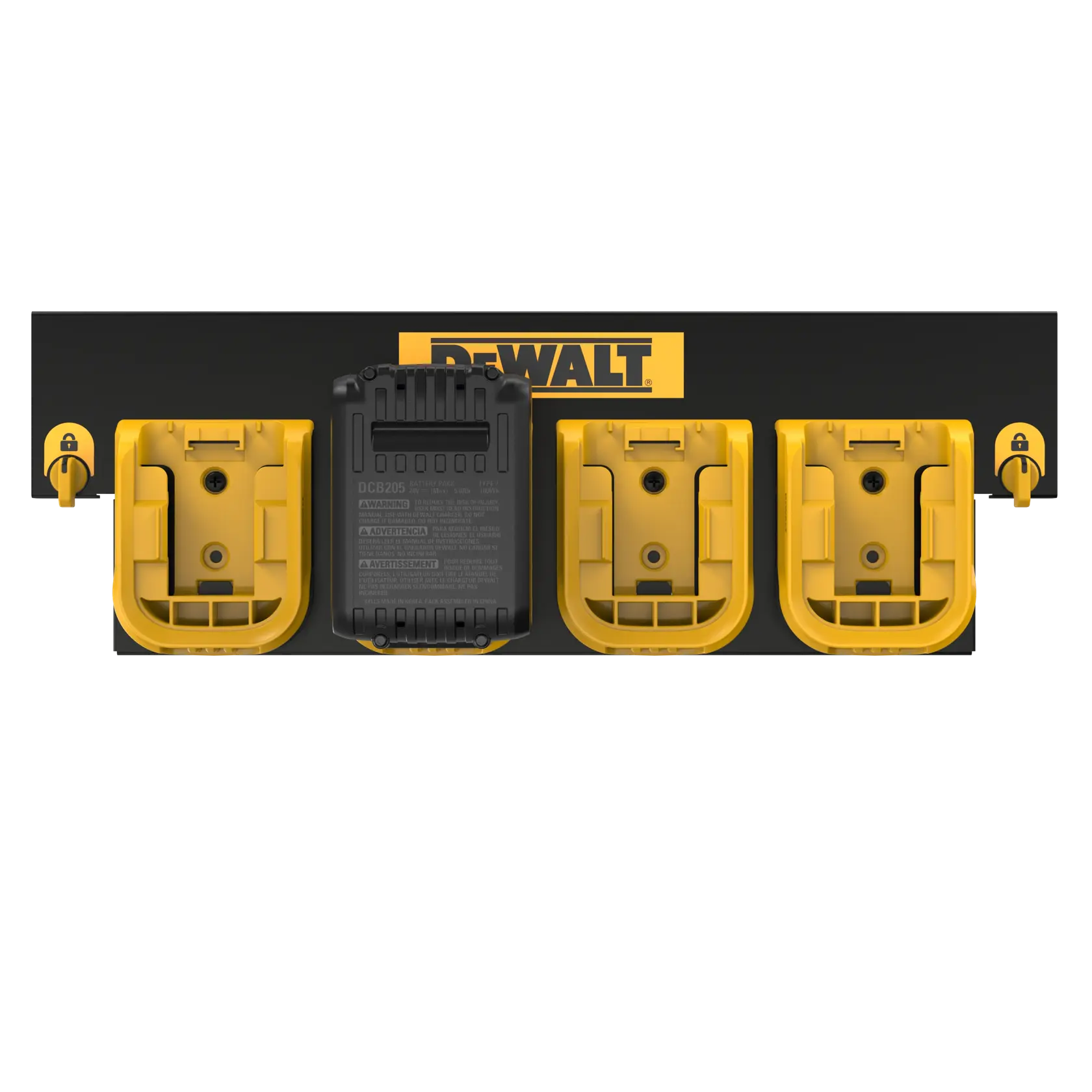 A DEWALT wall-mounted battery organizer with four yellow battery slots, one holding a black battery, featuring the DEWALT logo on a black background.
