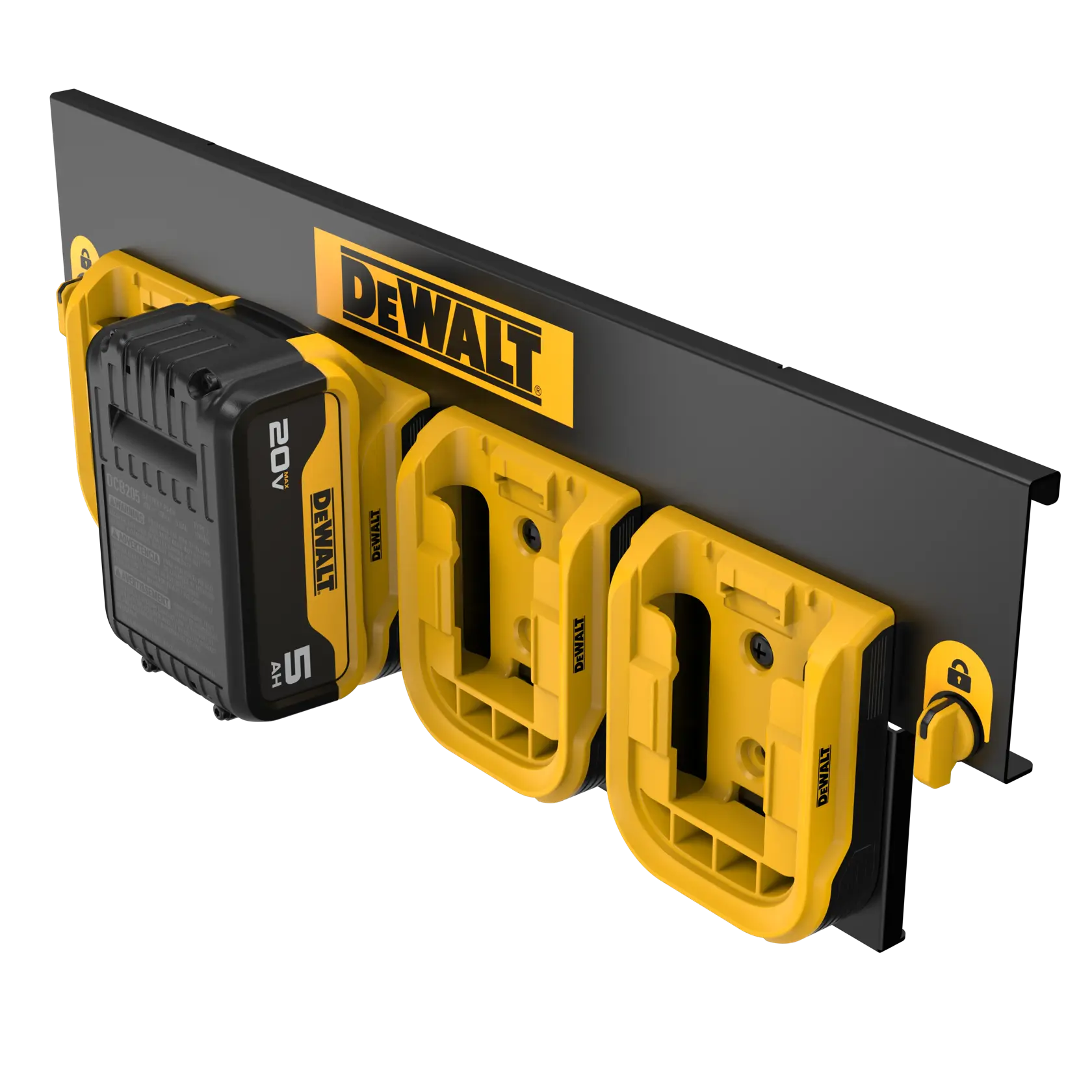 DEWALT battery and charger organizer wall mount with yellow holders for 20V batteries, designed for tool storage and organization.