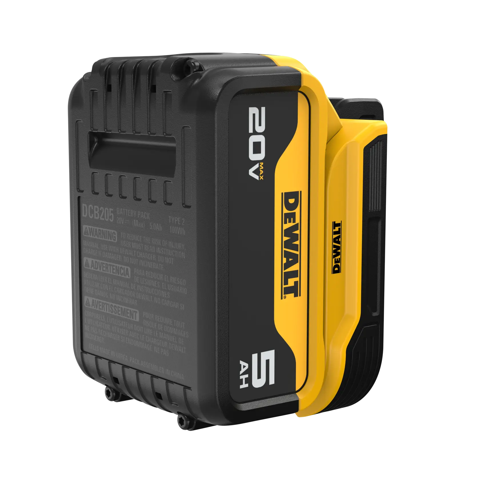 DEWALT 20V battery pack DWST82820, DWST82820-0 for photography, black and yellow, 5AH capacity.