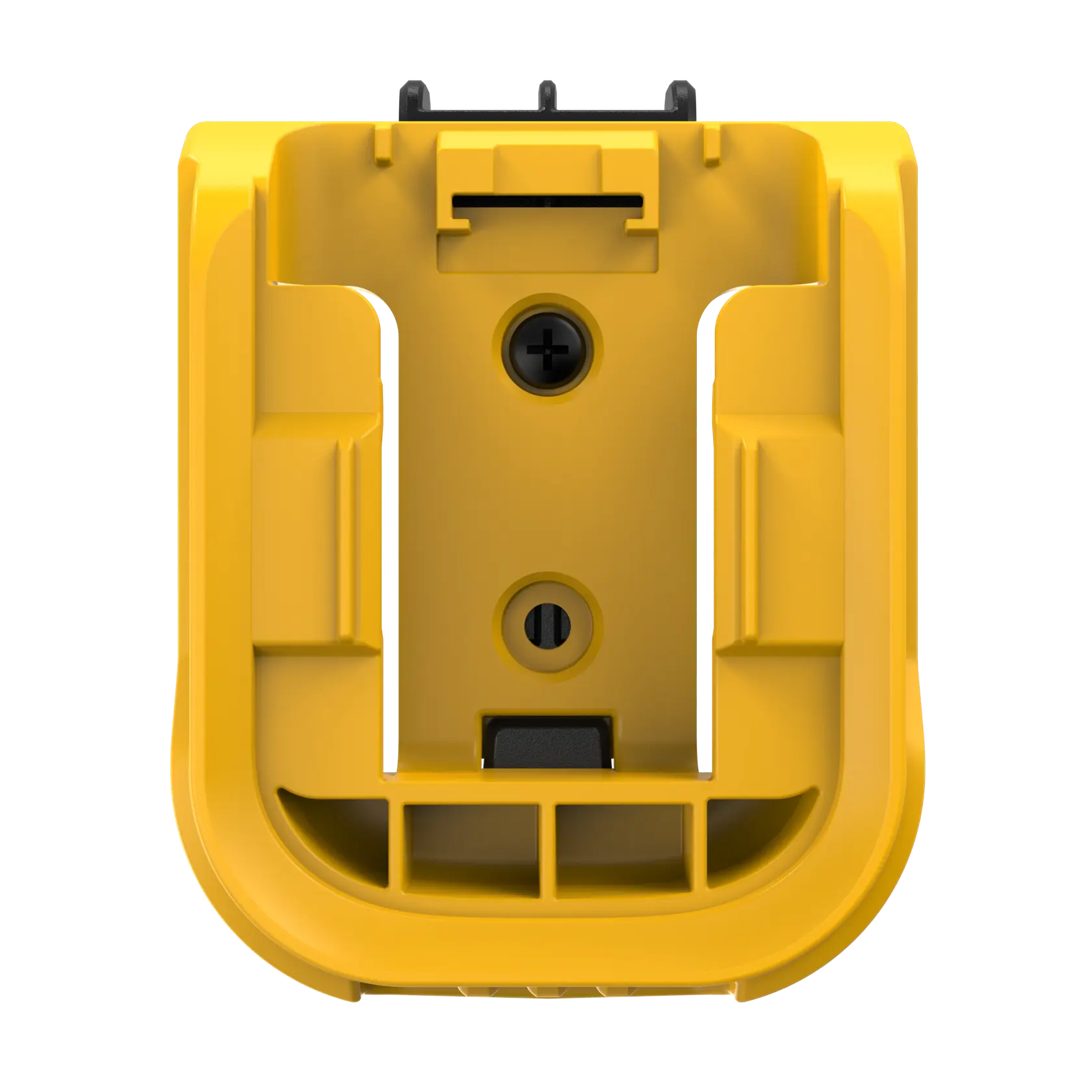 Yellow DEWALT battery adapter accessory shown upright with visible mounting points, rectangular shape.