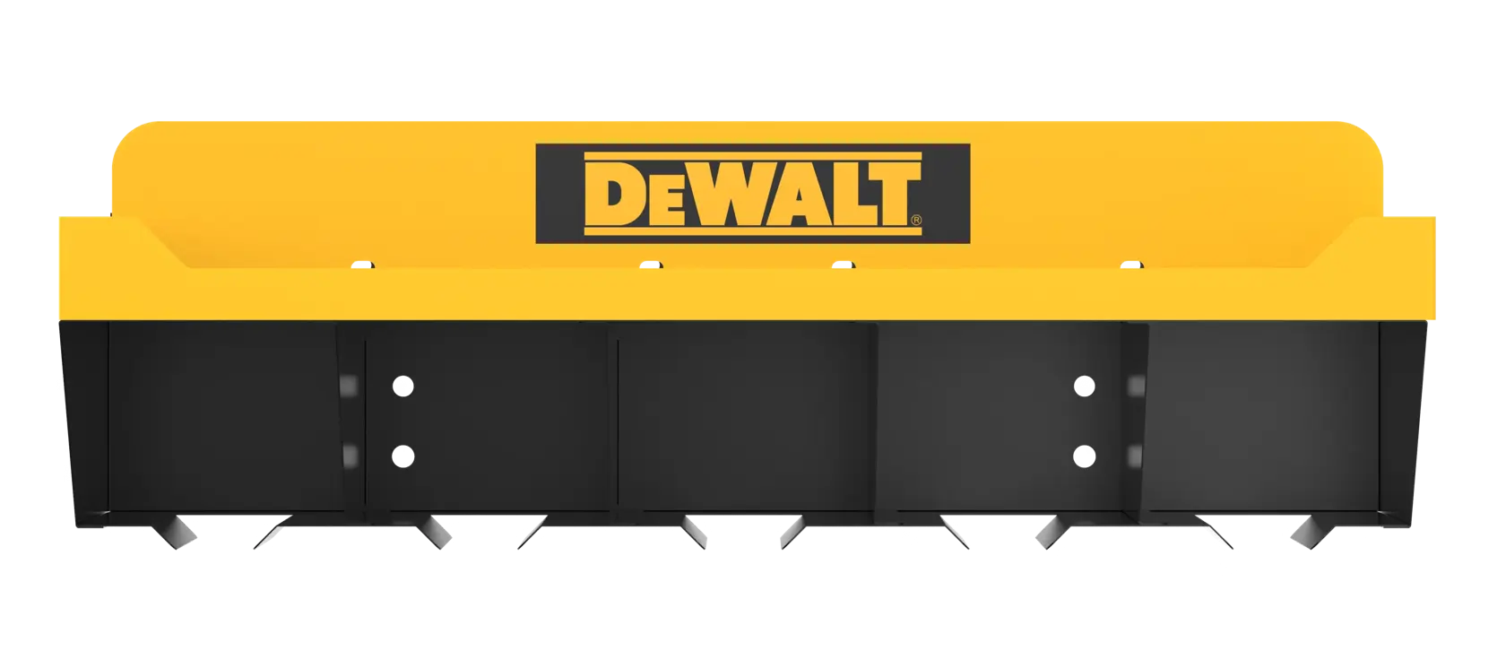 Front view of a DEWALT-branded attachment with a yellow top and black base, featuring sharp protruding edges, designed for industrial or construction use.