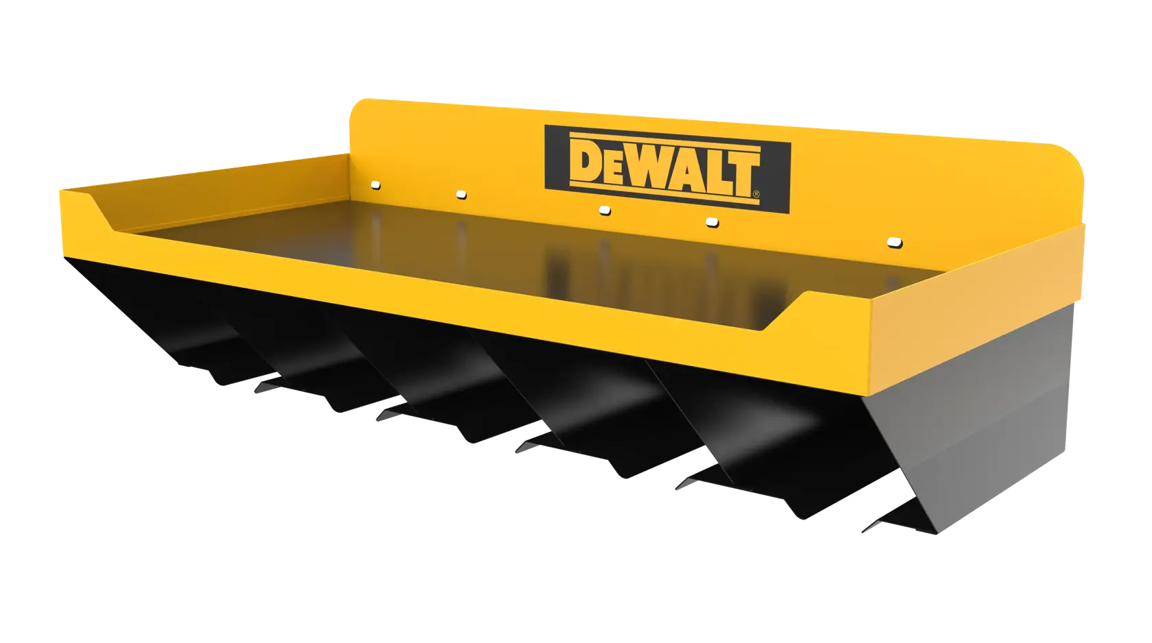 A yellow and black DEWALT wall-mounted tool organizer with divided compartments for holding tools or accessories.