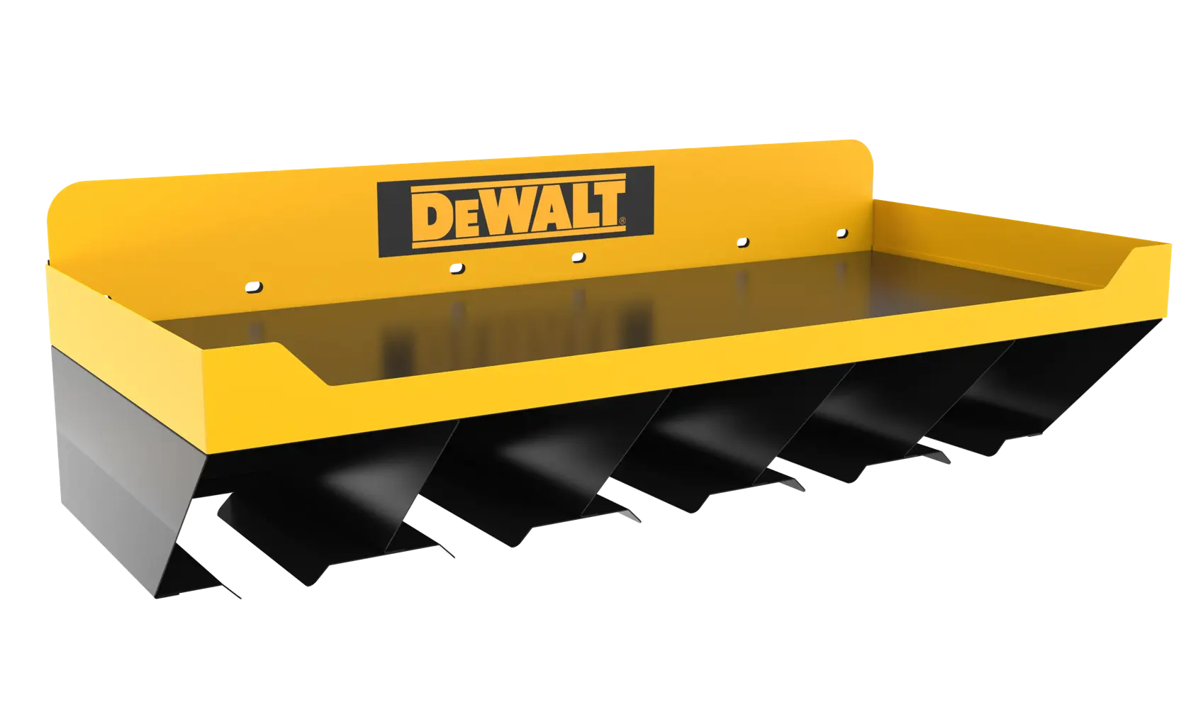 A DEWALT branded yellow and black metal storage shelf with multiple compartments, designed for organizing tools or accessories, shown against a white background.