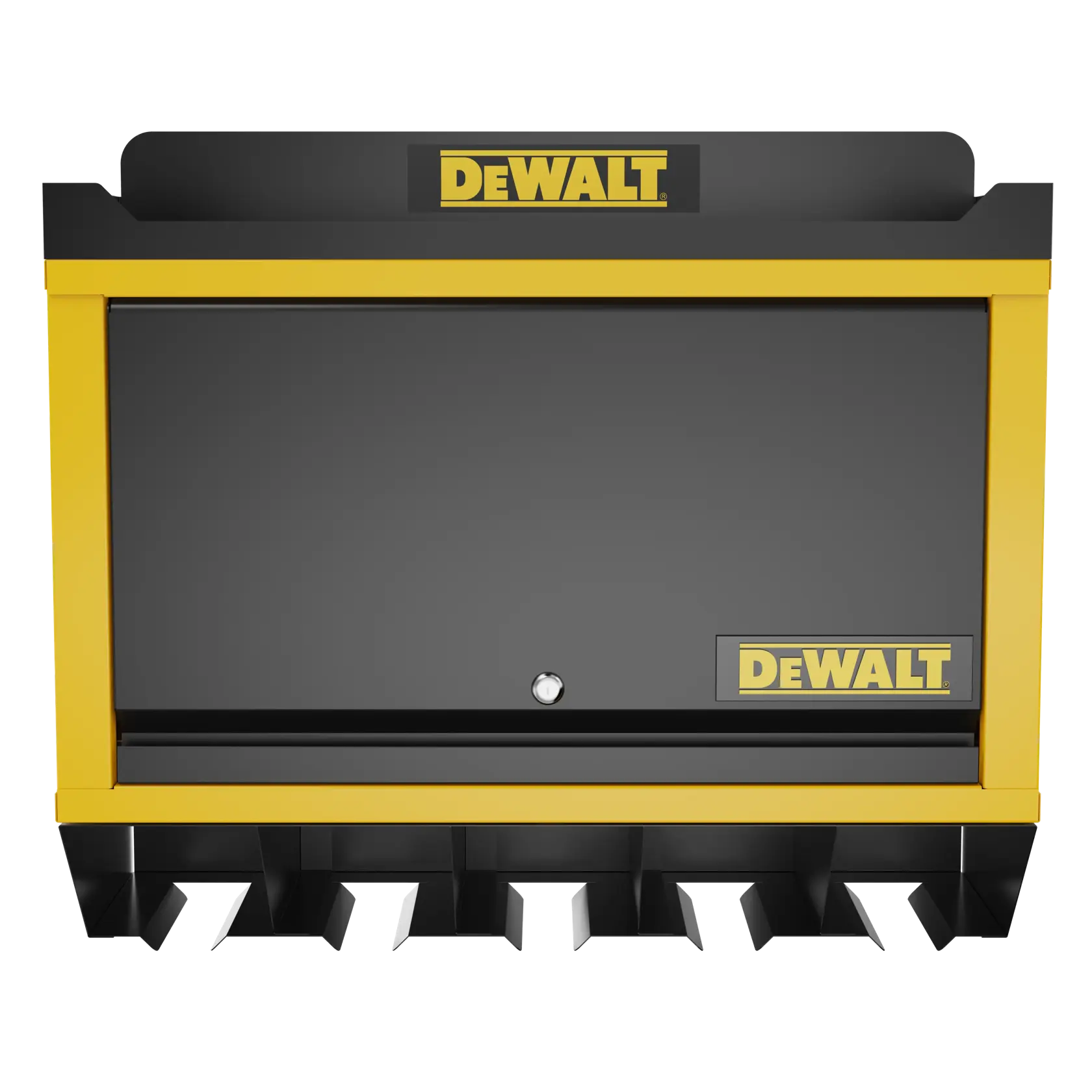A DEWALT-branded black and yellow metal wall cabinet with a lockable front door and multiple tool slots at the bottom.