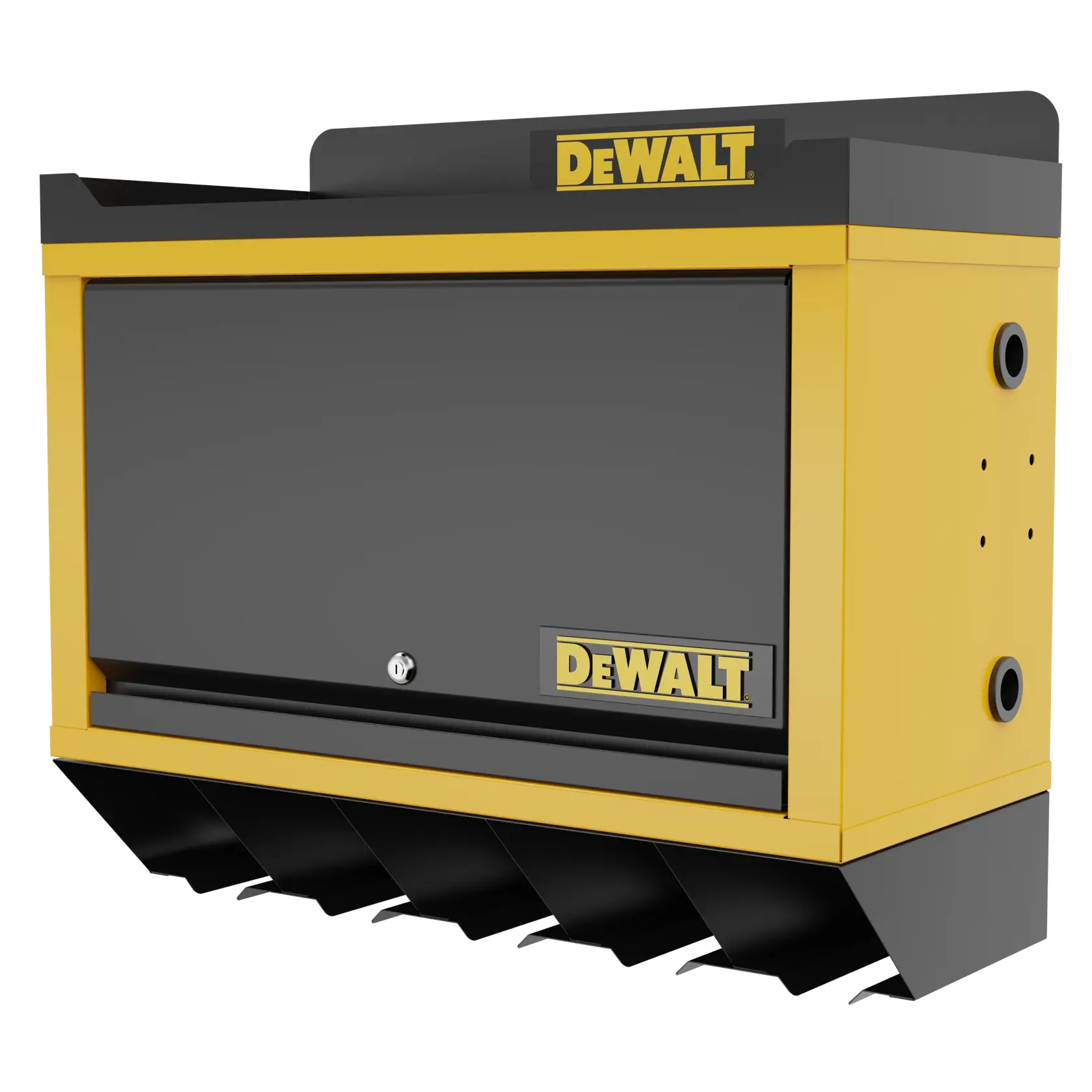 A DEWALT-branded yellow and black wall-mounted tool cabinet with a lockable door and multiple angled compartments at the bottom for storing items.