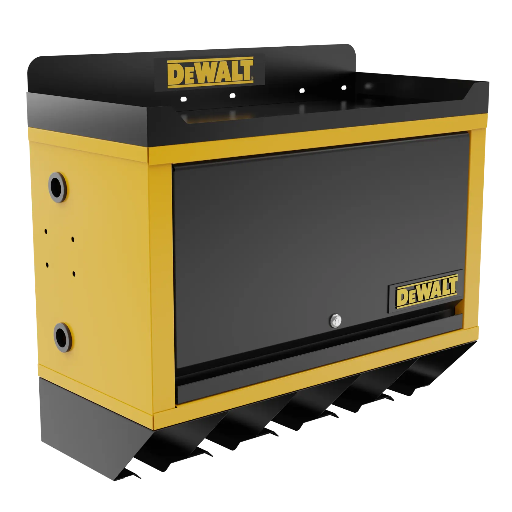A DEWALT branded yellow and black wall-mounted storage cabinet with a lockable front door and angled compartments at the bottom.