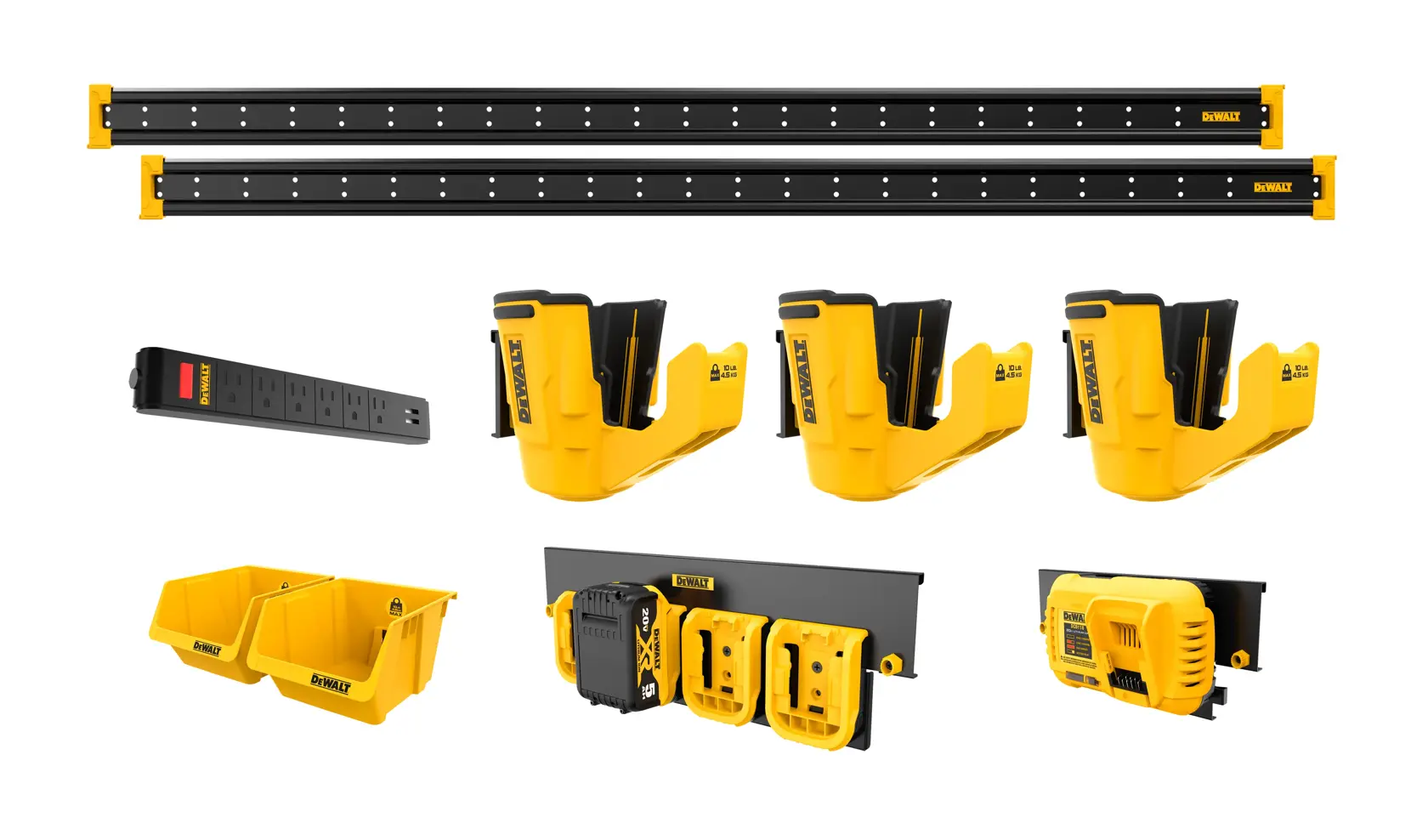 A DEWALT wall-mounted tool storage and organization kit with multiple accessories. The set includes two black rails for mounting, three yellow tool holders, a power strip, two yellow storage bins, and two wall plates designed for battery chargers and battery storage.
