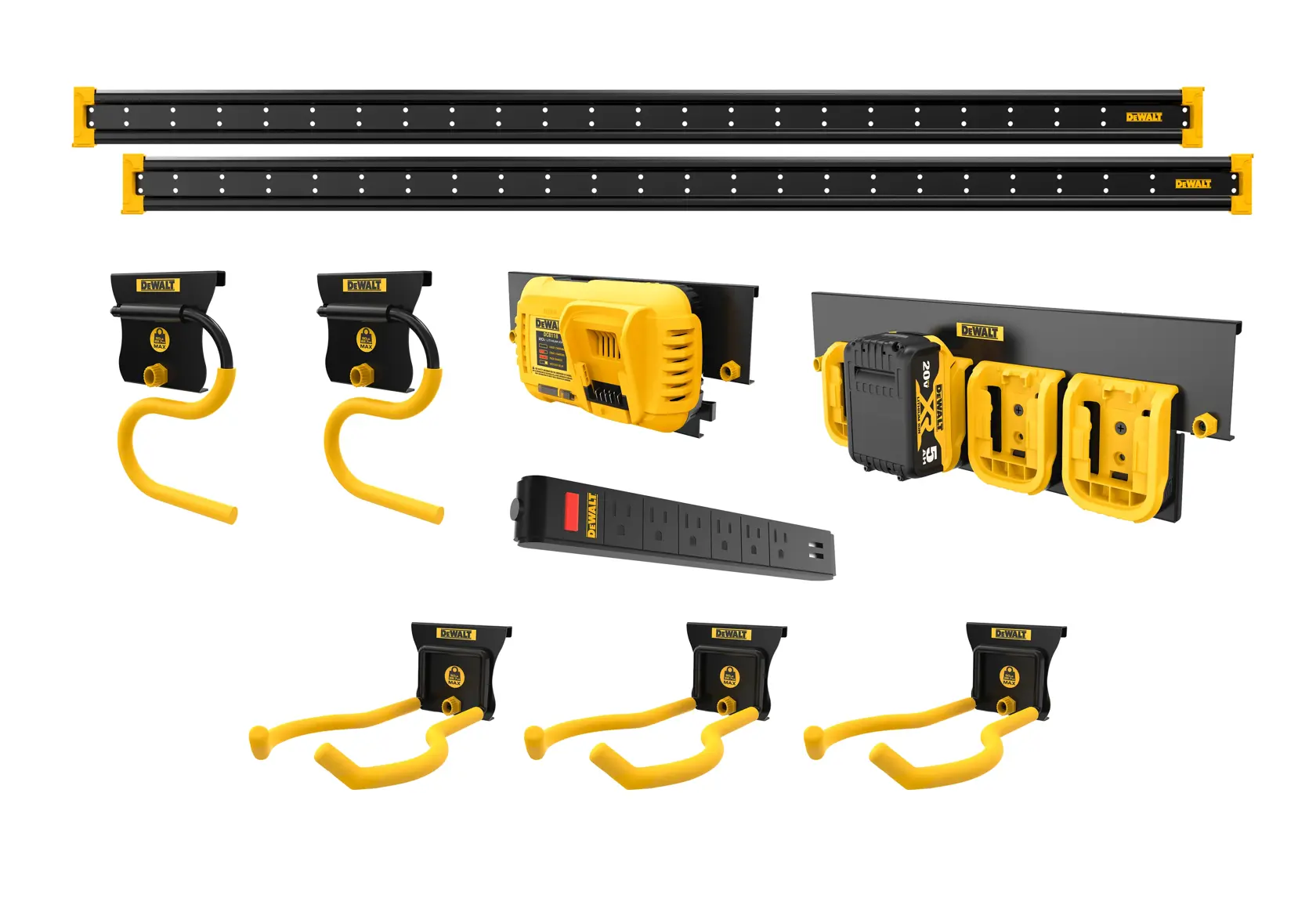 A DEWALT photography accessory kit including two black and yellow wall-mounted rails, several yellow and black hooks, a battery charger, a power strip, and holders for organizing tools and batteries.