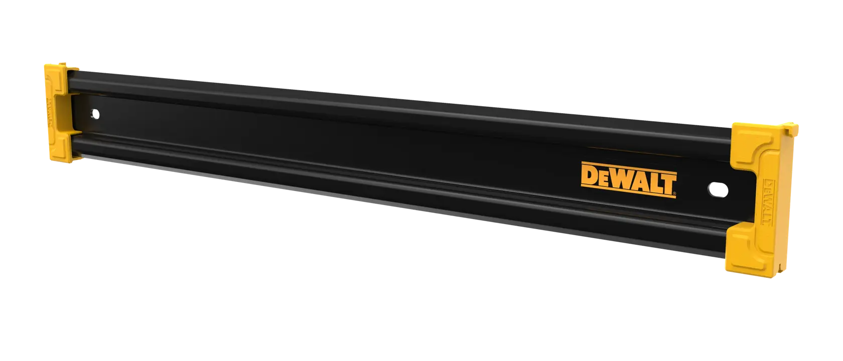 A DEWALT branded black metal wall rail with yellow end caps, used for organizing and mounting tools in workshops or garages.