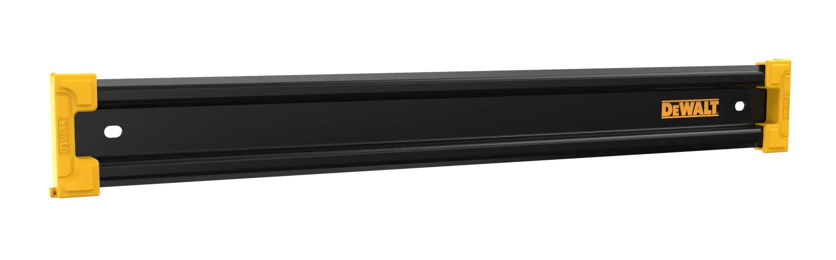 A DEWALT black metal wall-mount storage rail with yellow end caps, designed for tool and accessory organization.