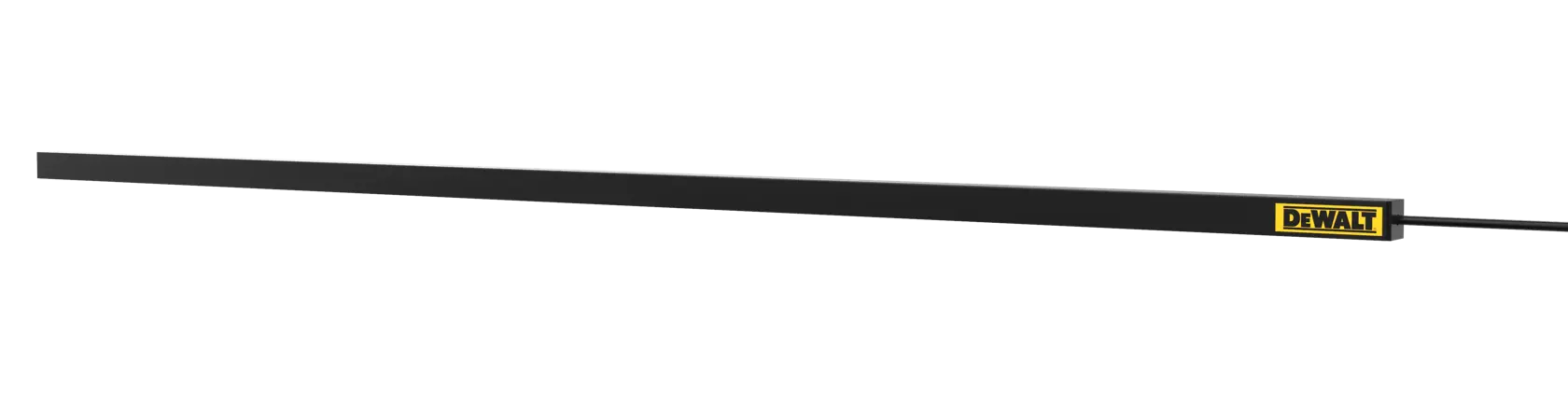 A long, black DEWALT logo-branded metal rail photographed against a white background.
