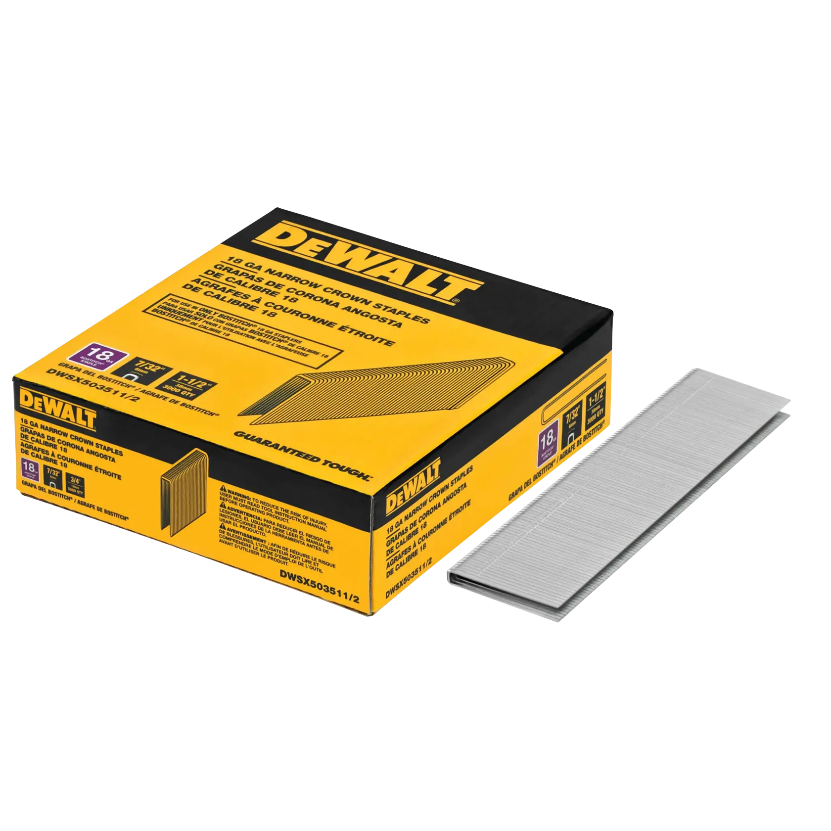 A DEWALT box of 18 gauge narrow crown staples, SKU DWSX503511, with a stack of silver staples displayed next to the packaging. The yellow and black box displays product information in multiple languages.