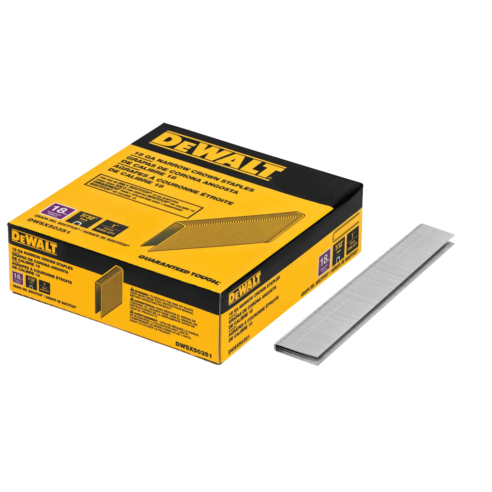A box of DEWALT 18 gauge narrow crown staples with a strip of staples placed beside the box. The packaging is yellow and black and includes product information in multiple languages.