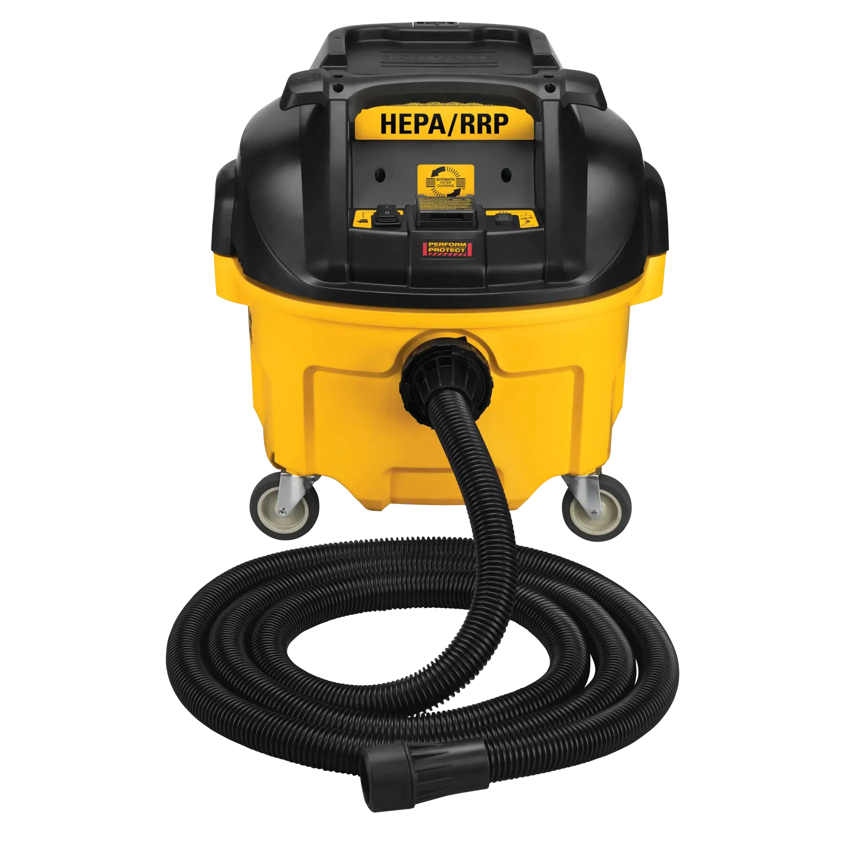 A DEWALT yellow and black portable shop vacuum cleaner with HEPA filter and flexible hose, on four wheels.