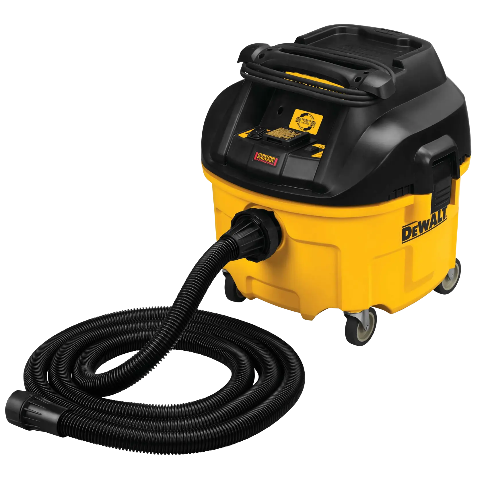 A yellow and black DEWALT shop vacuum with wheels and a long flexible hose, designed for heavy-duty cleaning tasks.