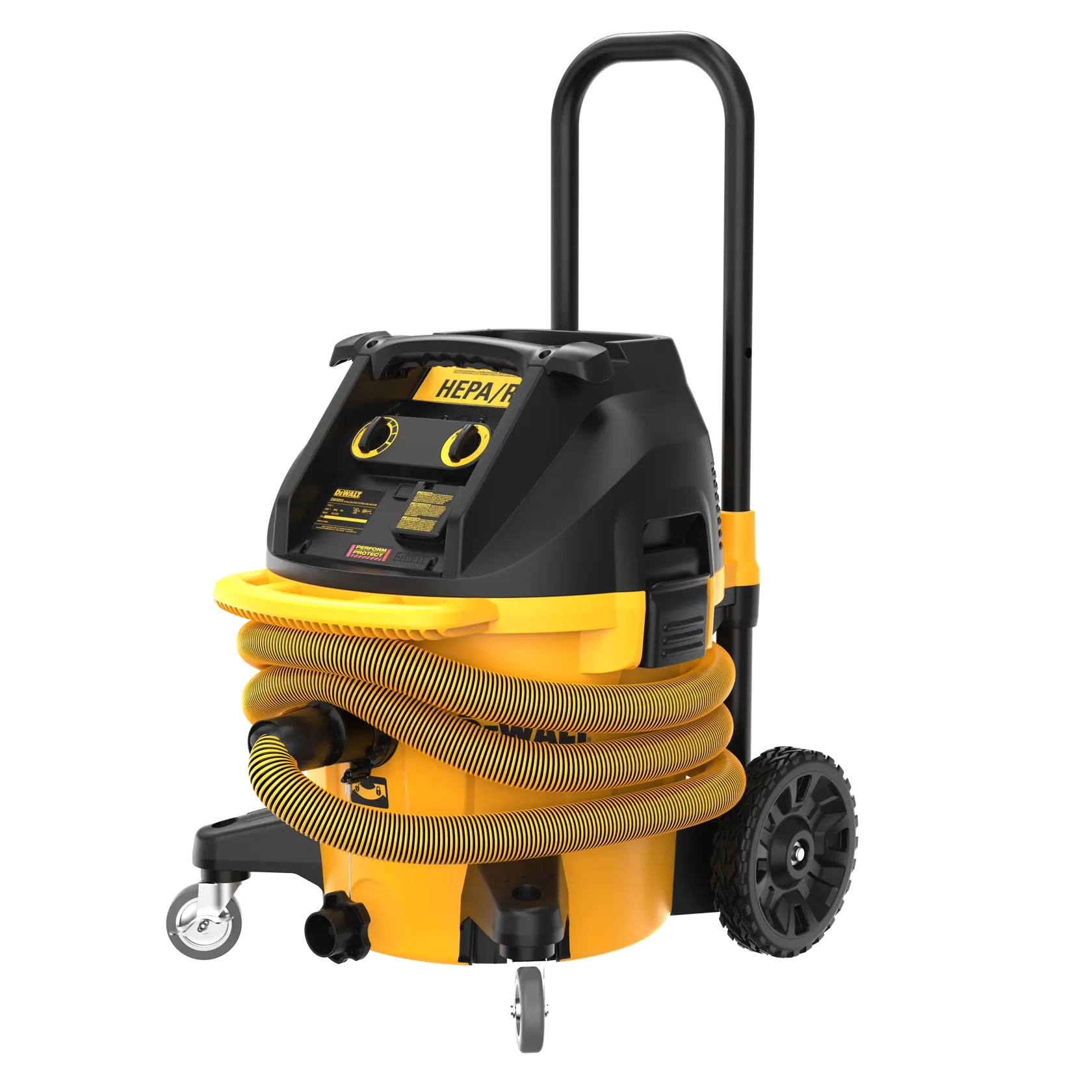 A DEWALT branded HEPA filter shop vacuum with a yellow and black body, large rear wheels, and a coiled yellow hose attached at the front. The vacuum has a wheeled handle for easy transportation.