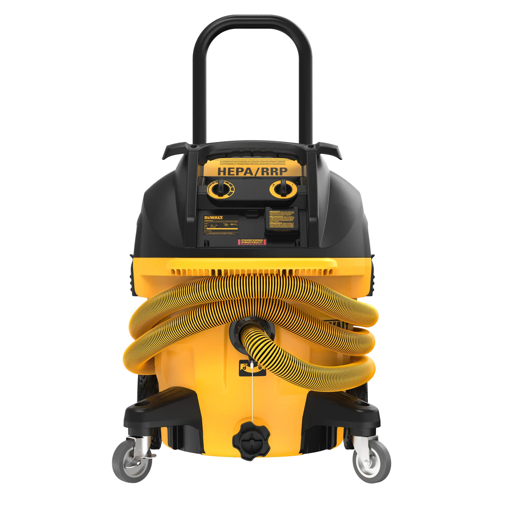 Front view of a DEWALT DWV015 HEPA/RRP professional industrial vacuum cleaner with yellow and black design, large wheels, carry handle, and coiled hose attached.