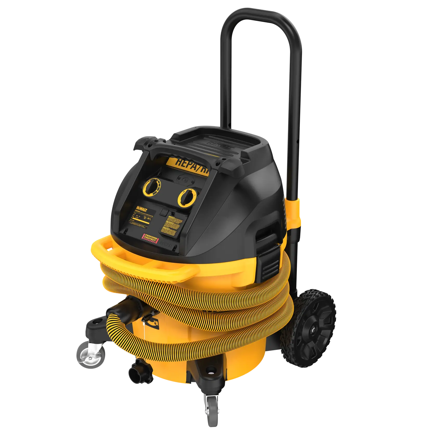 A portable DEWALT wet and dry vacuum cleaner with a yellow and black body, a long flexible hose wrapped around the front, sturdy wheels, and a handle for easy transportation.