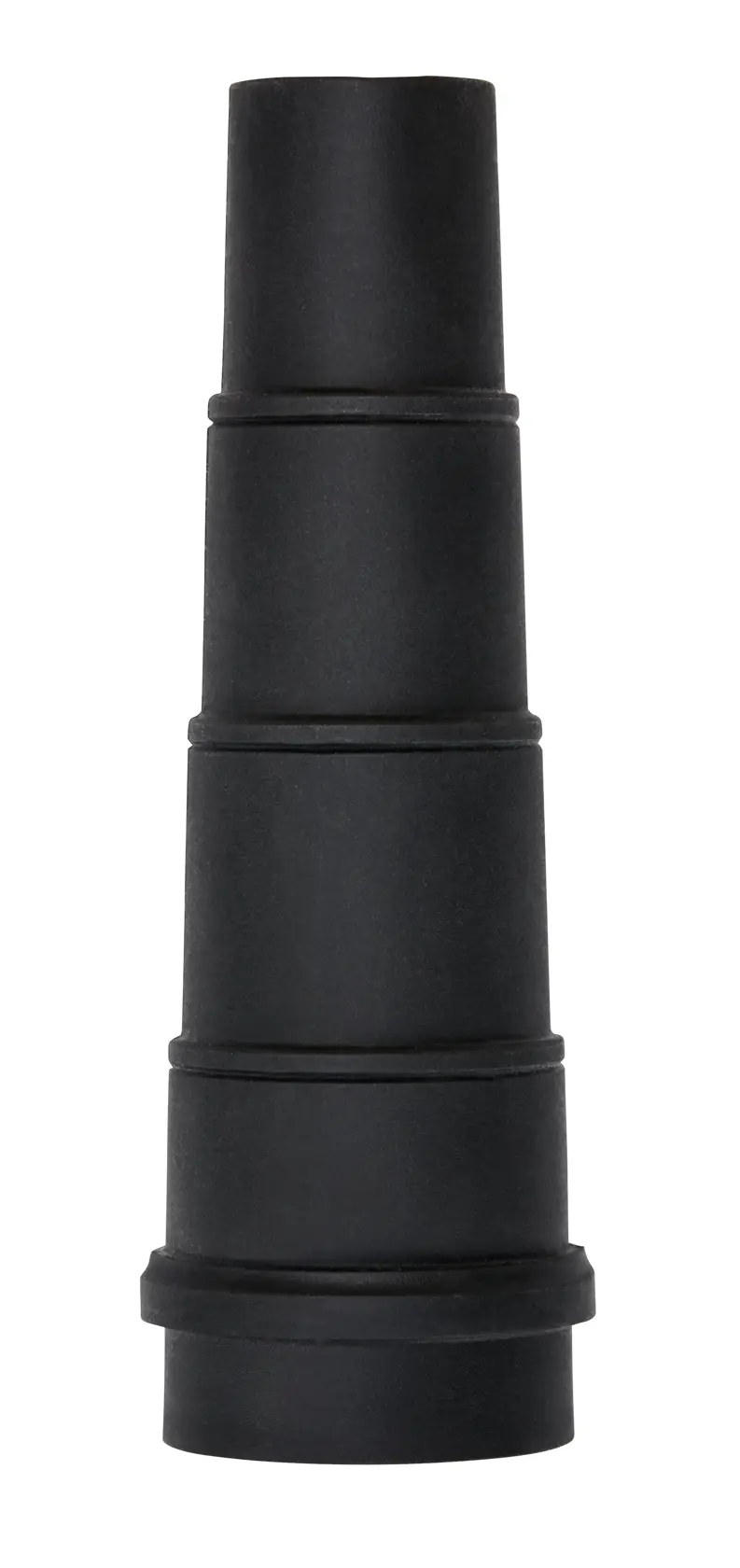A black, tapered plastic adapter with multiple stepped sections, photographed against a white background.
