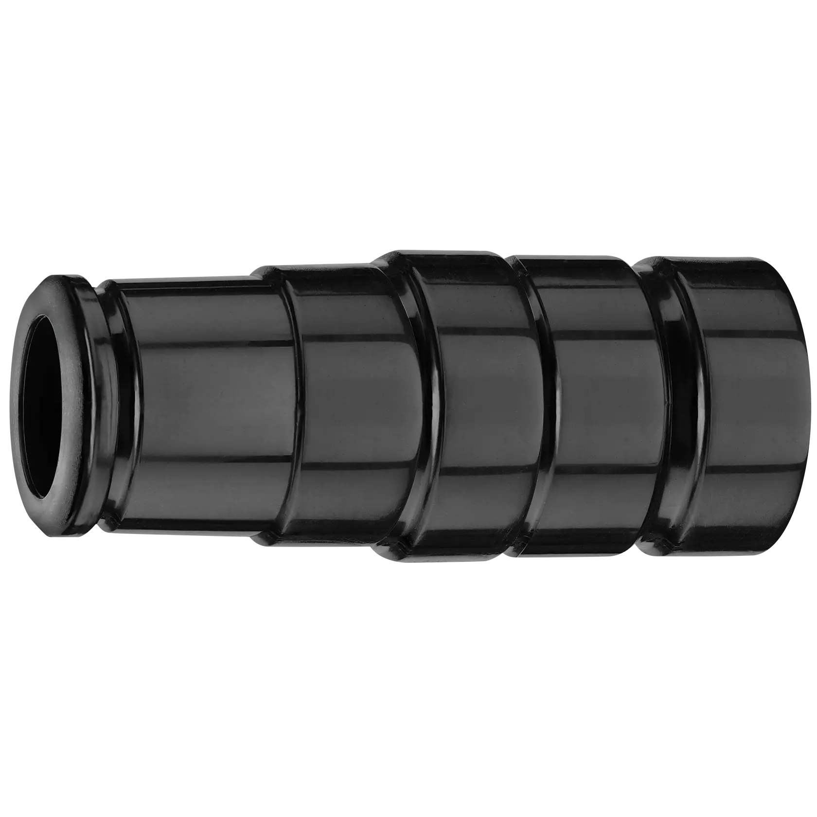 Black plastic connector accessory with ridges, used for attaching hoses or tubes.