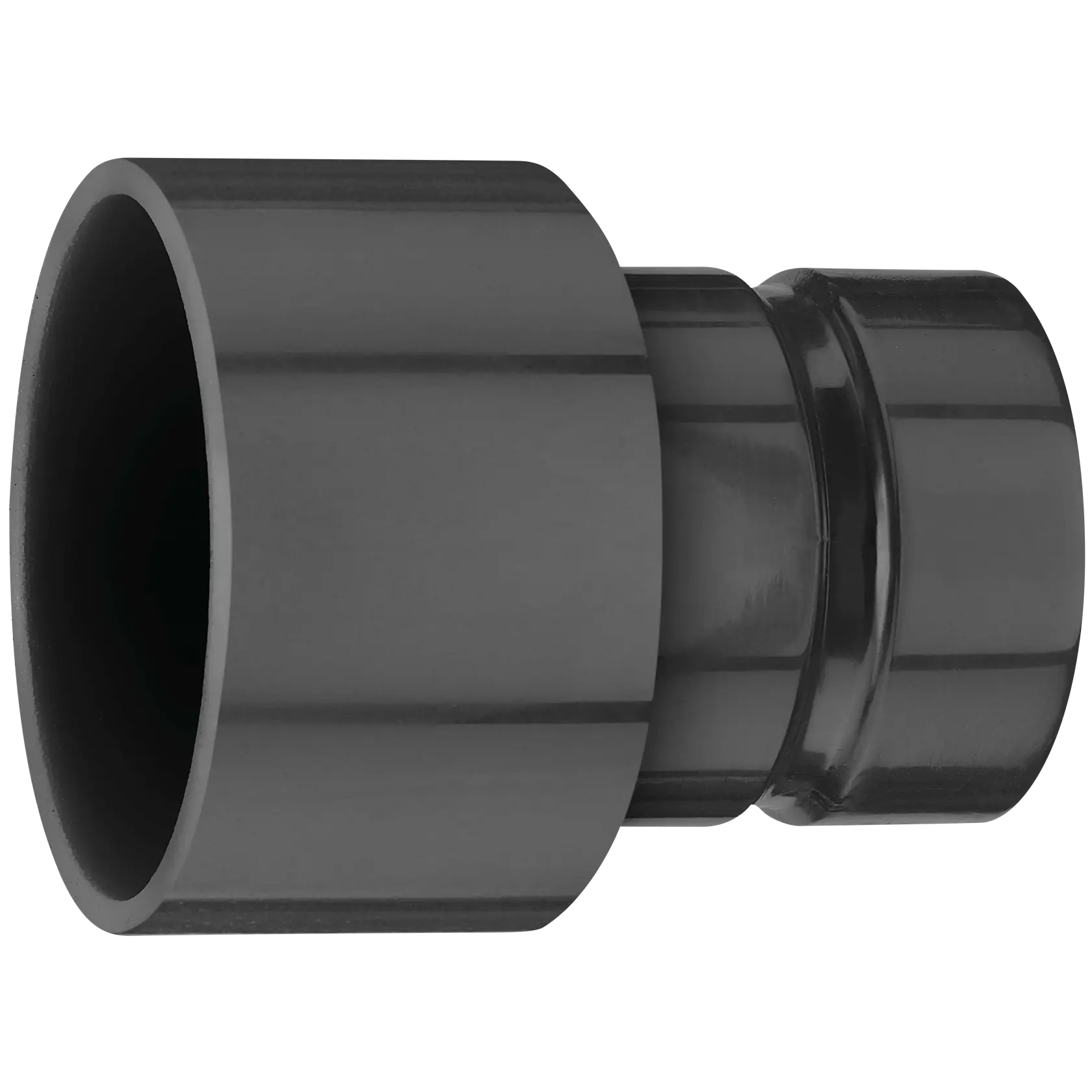 A close-up image of a black plastic adapter or connector, cylindrical in shape with a wide open end and a narrower end, typically used for connecting hoses or pipes.