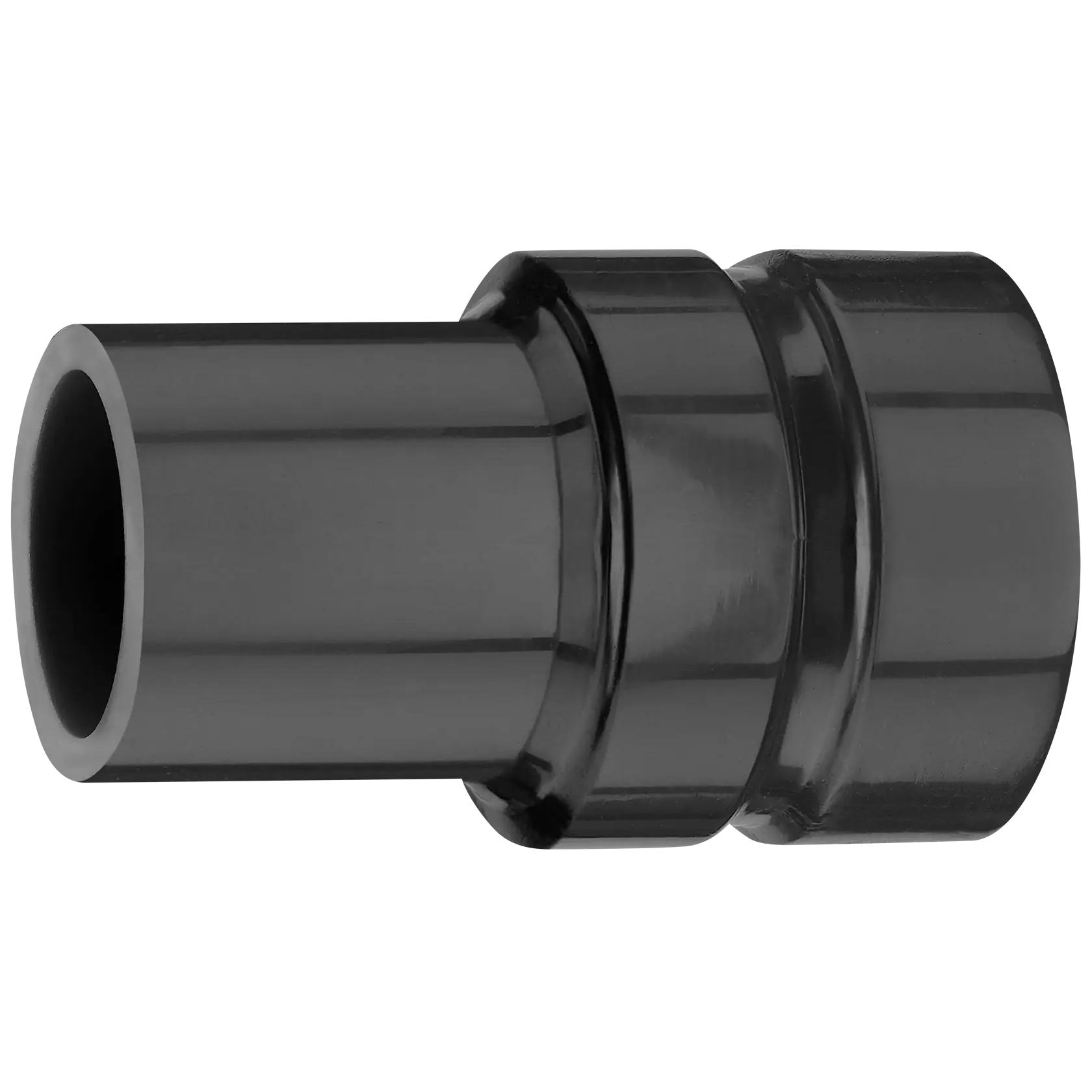 A close-up view of a black plastic cylindrical connector or adapter with ridged sections, photographed against a white background.