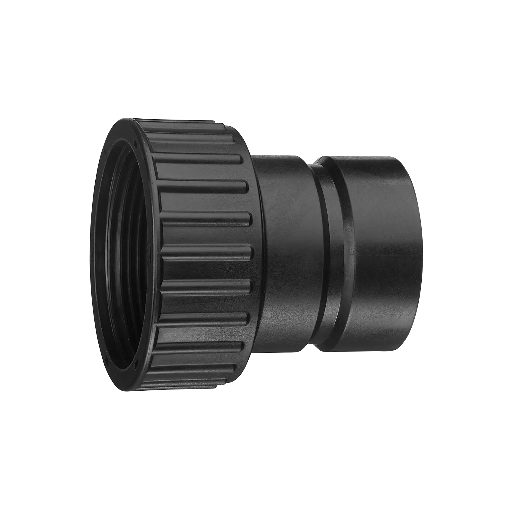 A close-up image of a black plastic vacuum adapter with a ribbed, threaded end and a smooth connector end, isolated on a white background.
