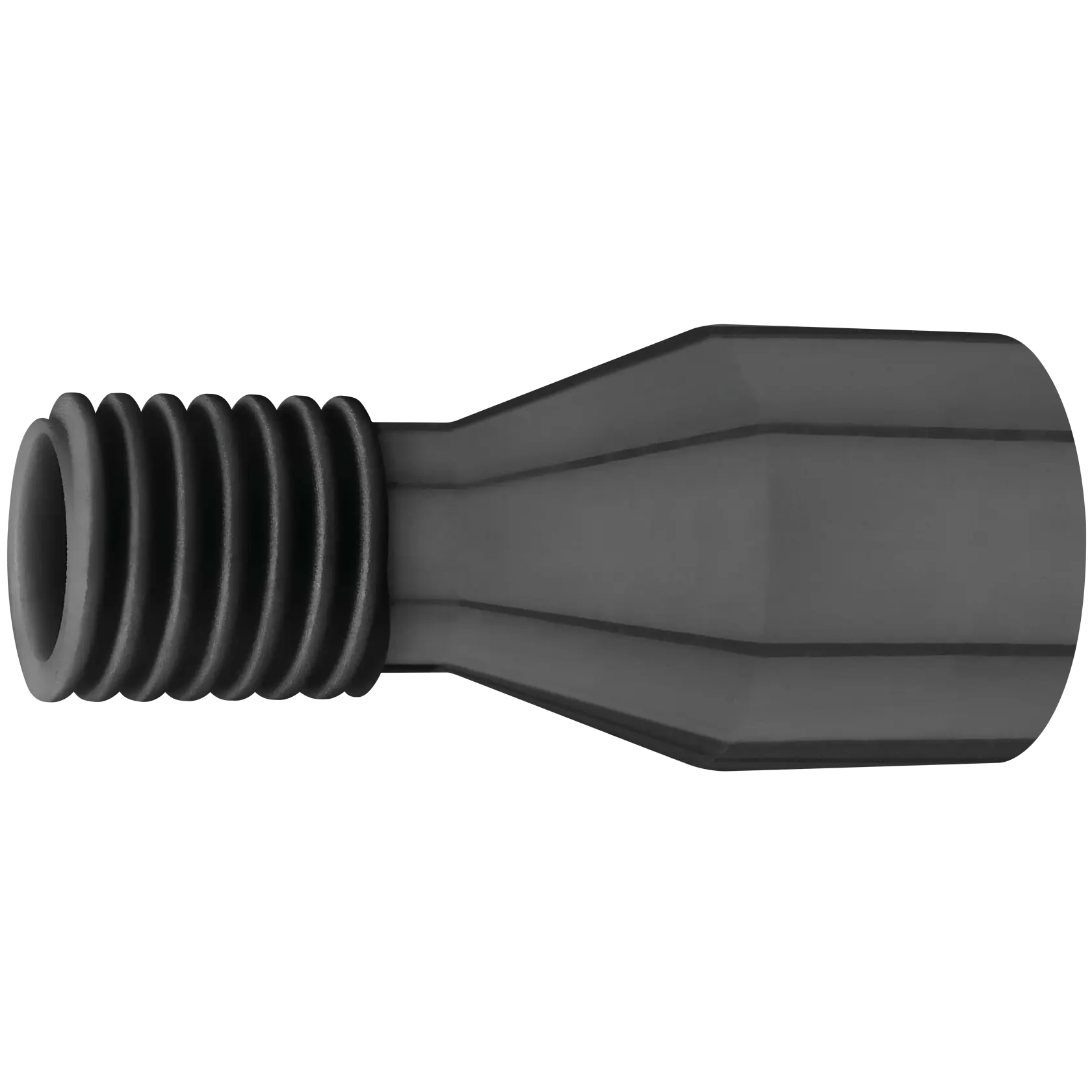 A close-up image of a black plastic adapter with a threaded end and a tapered body, designed for connecting vacuum hoses or similar equipment.