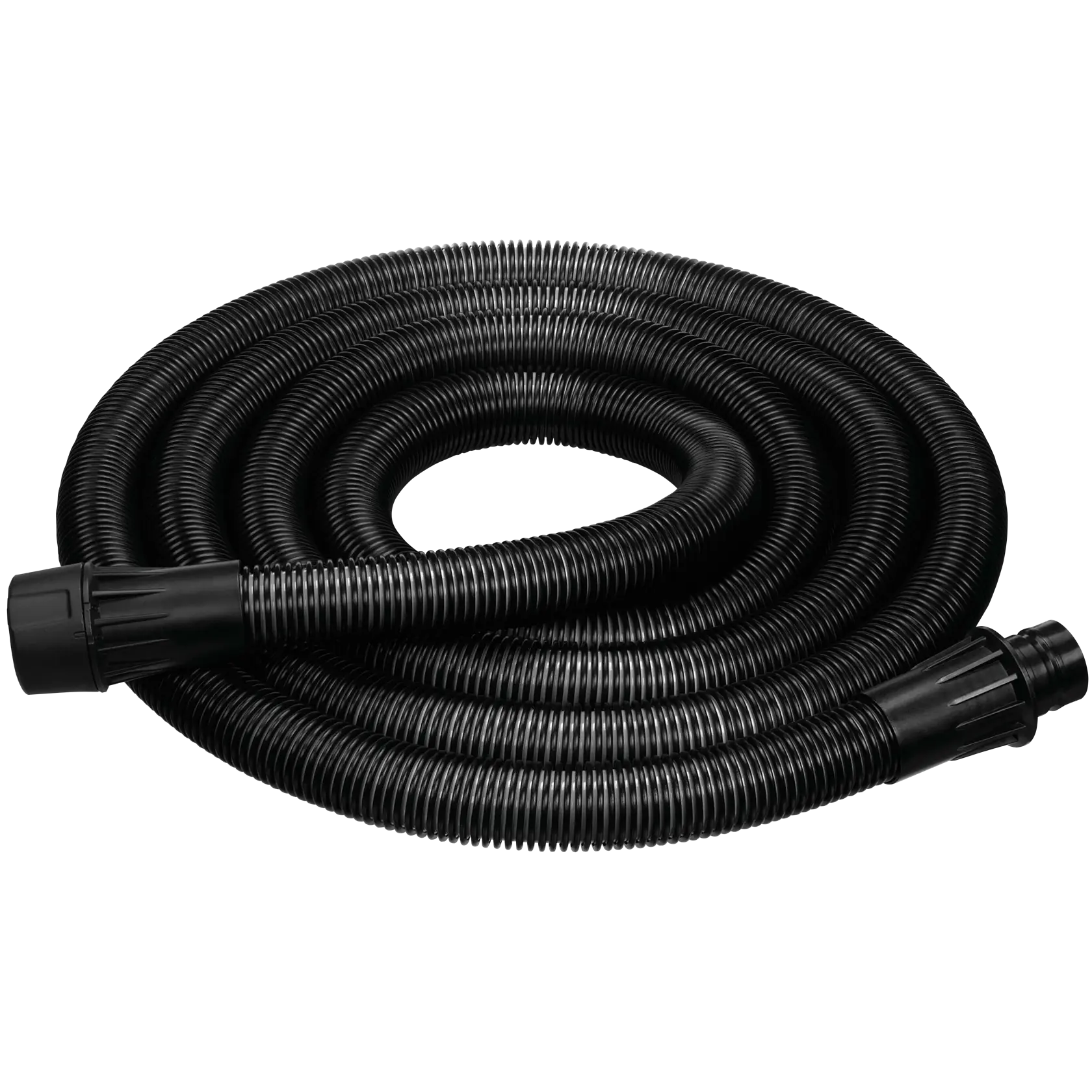 Coiled black flexible hose with connectors on both ends, suitable for use with vacuum cleaners or dust extractors.
