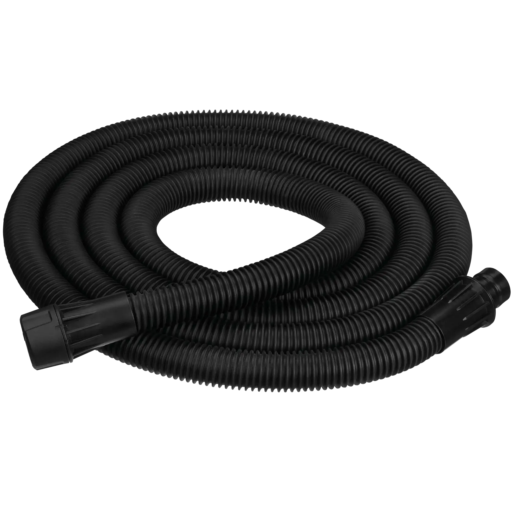 A coiled black corrugated hose with connectors on both ends, typically used as an accessory for vacuum cleaners or dust extraction systems.