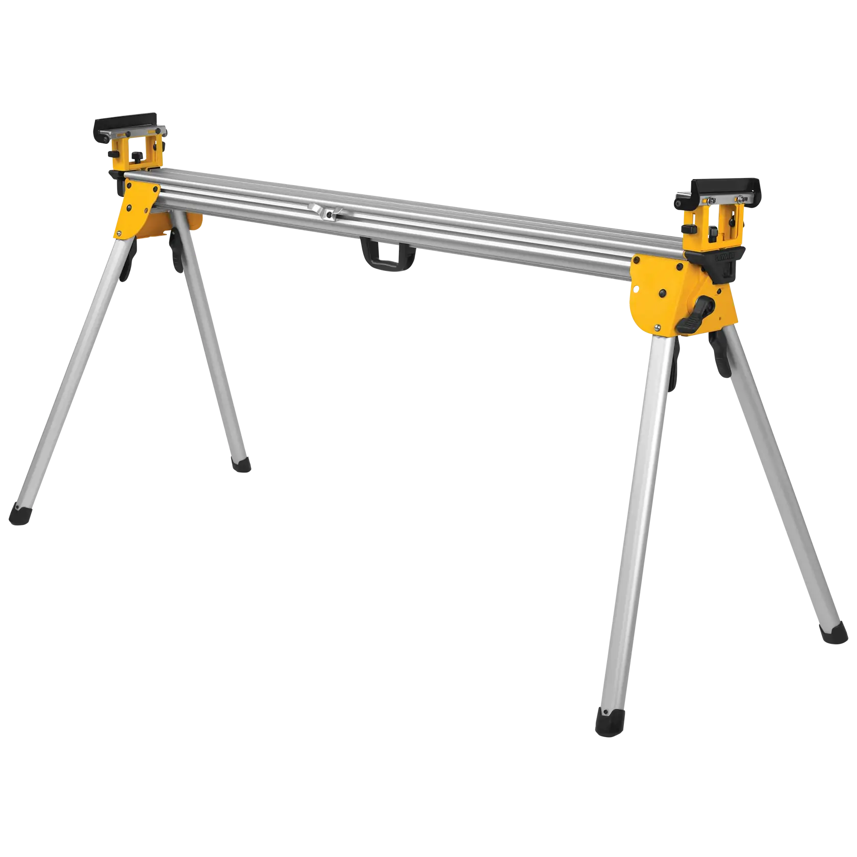 A portable metal miter saw stand with four folding legs and yellow accents, designed for supporting cutting tools and materials.