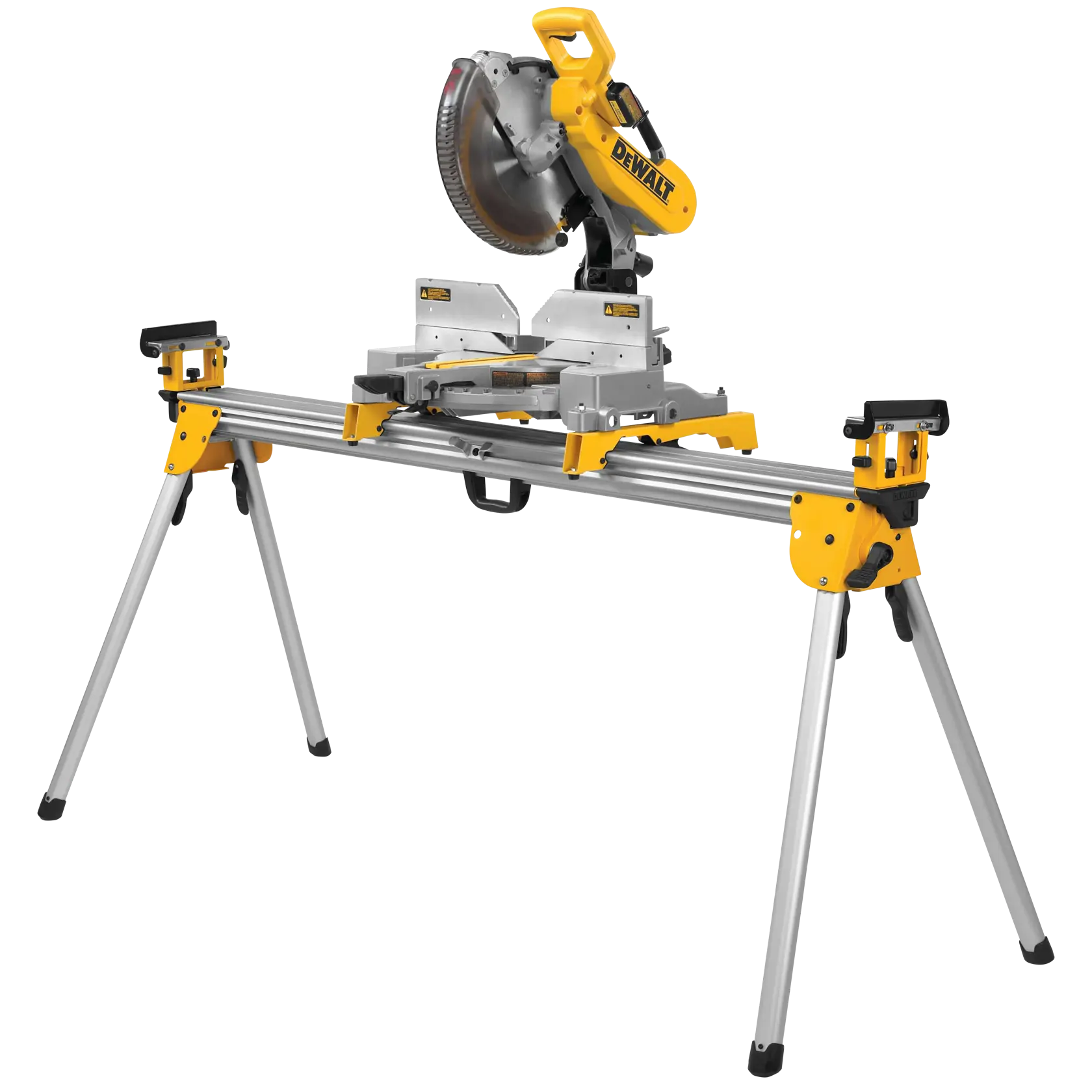 A DEWALT miter saw mounted on a foldable and adjustable stand with sturdy metal legs. The saw and stand have yellow and silver components.