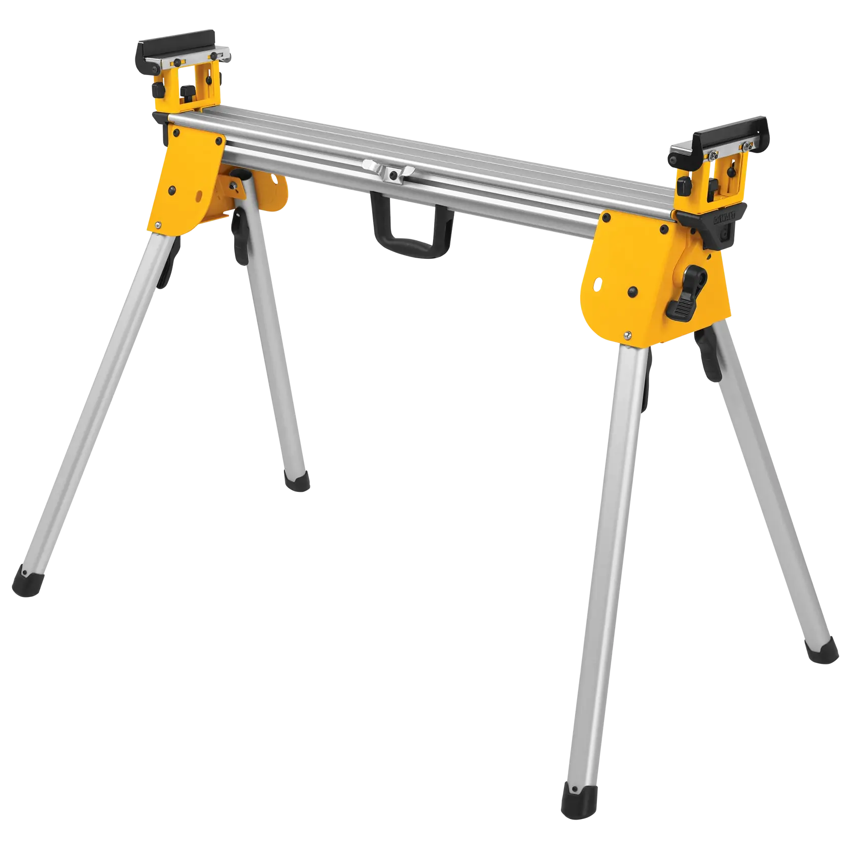 A portable DEWALT miter saw stand with foldable aluminum legs and yellow brackets, suitable for supporting saws and workpieces.