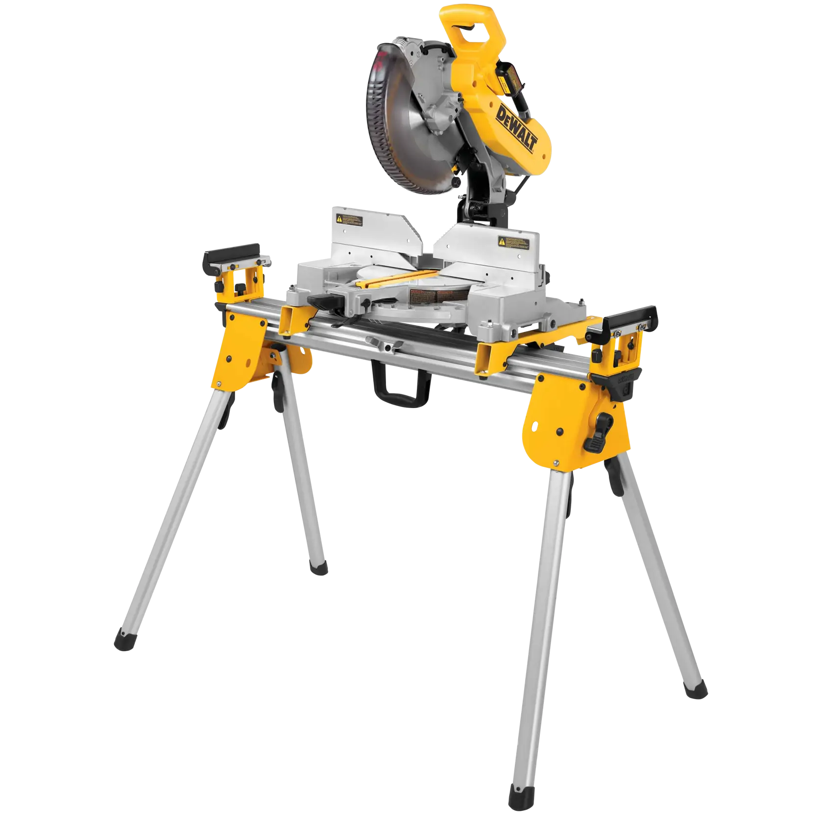 A DEWALT miter saw mounted on a foldable metal stand with four legs. The setup features adjustable supports and a carrying handle. The saw is in a cutting position and the equipment is mainly yellow and silver.