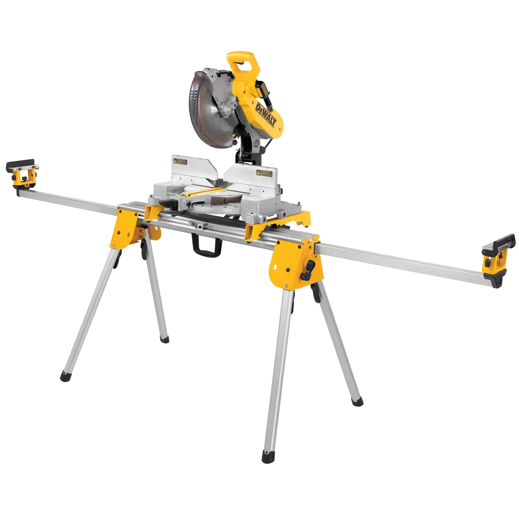 A DEWALT miter saw mounted on a yellow and silver portable stand with extendable arms and foldable legs.
