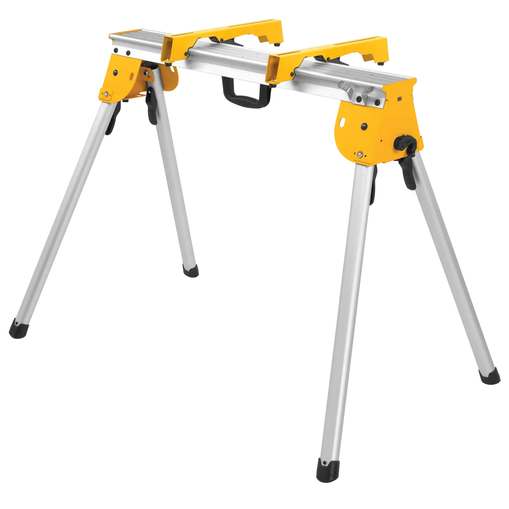 A portable aluminum and yellow metal saw stand with folding legs and carrying handle, suitable for supporting materials during woodworking or construction tasks.