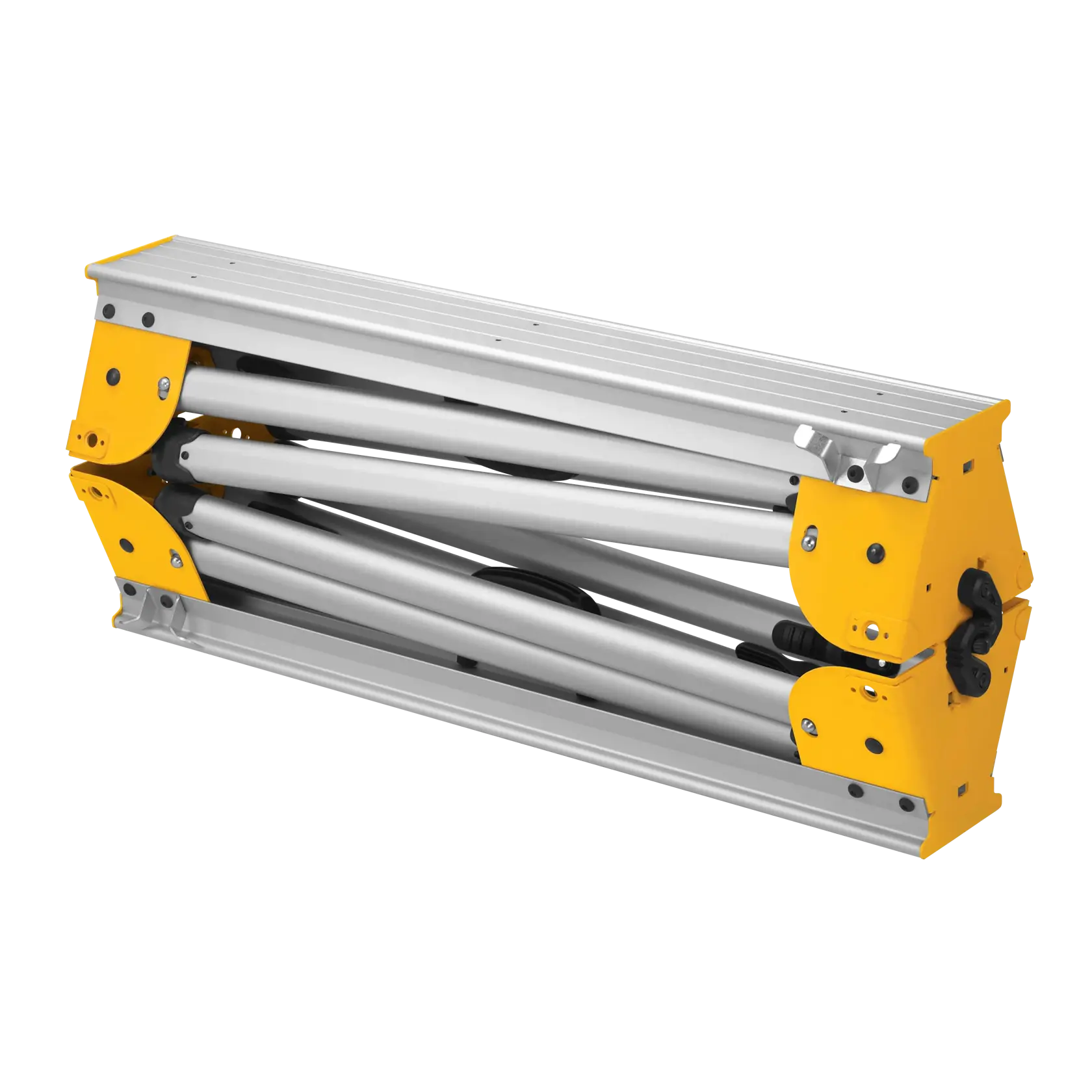 A folded DEWALT DWX725 aluminum sawhorse stand with yellow and silver metal components.