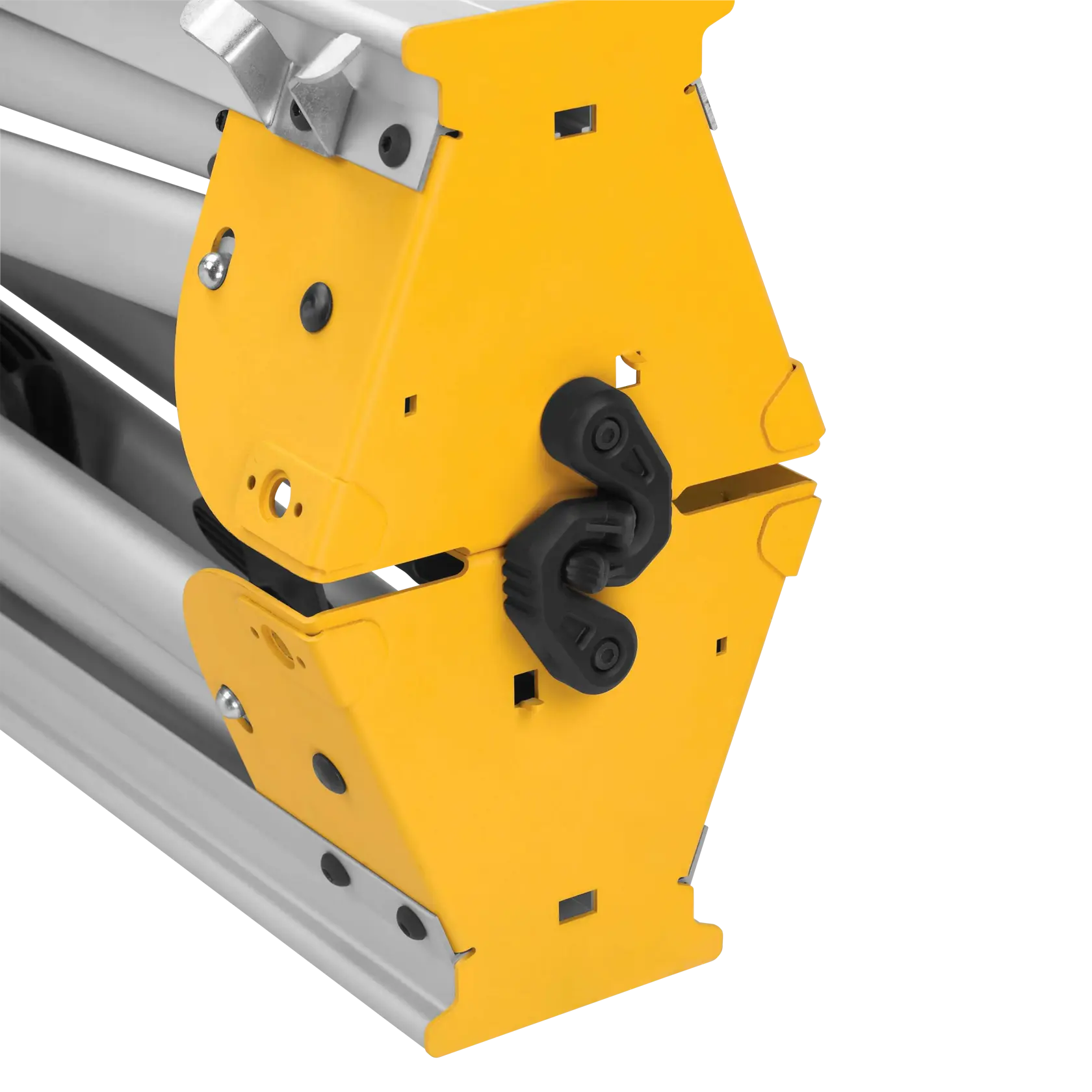 Close-up view of the yellow metal end and locking mechanism of a DEWALT DWX725 heavy duty saw stand.