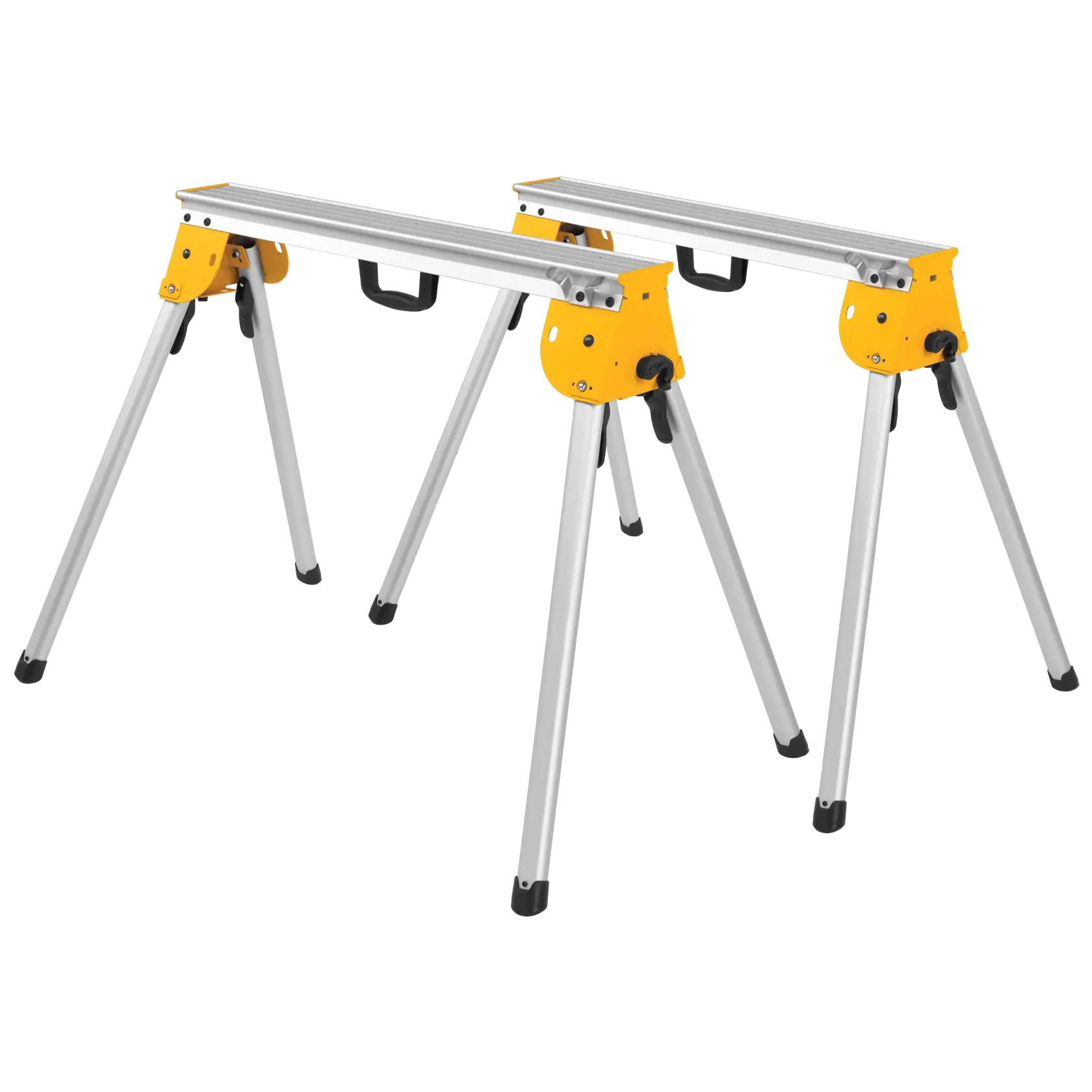 Two yellow and silver folding sawhorses with black handles, standing on a white background.