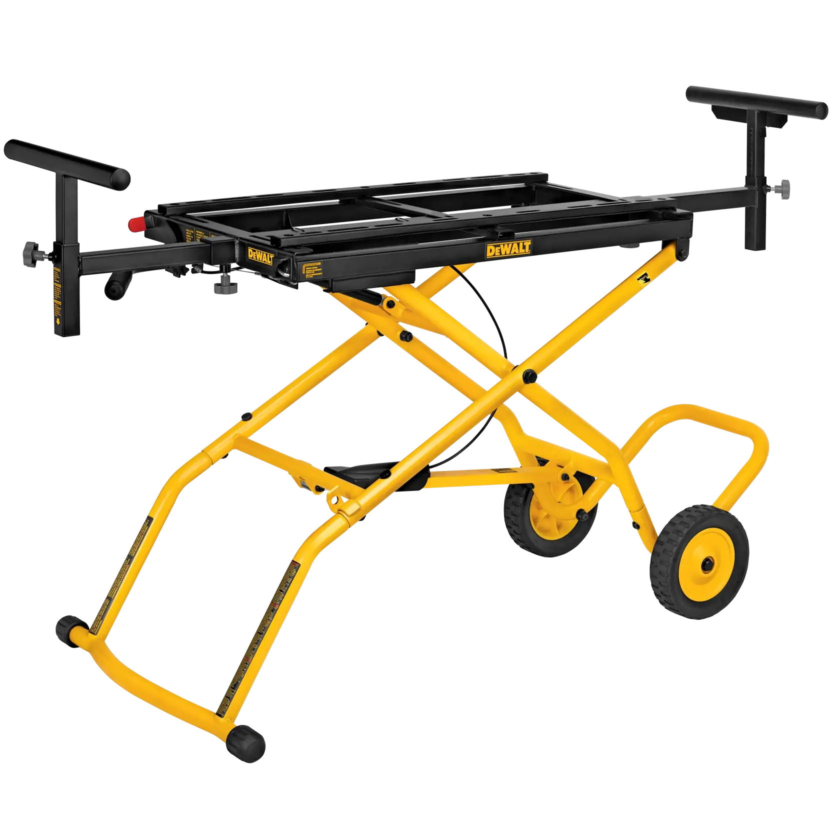 A DEWALT DWX726 yellow rolling workstation stand with adjustable supports and black frame, designed for mounting tools such as miter saws. The stand has two large wheels for mobility, folding legs, and extended handles for tool support.