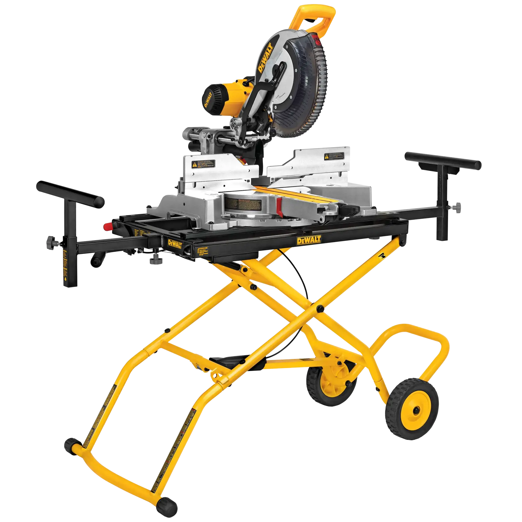 A DEWALT miter saw mounted on a yellow folding rolling stand with black handles and wheels, designed for woodworking and construction tasks.